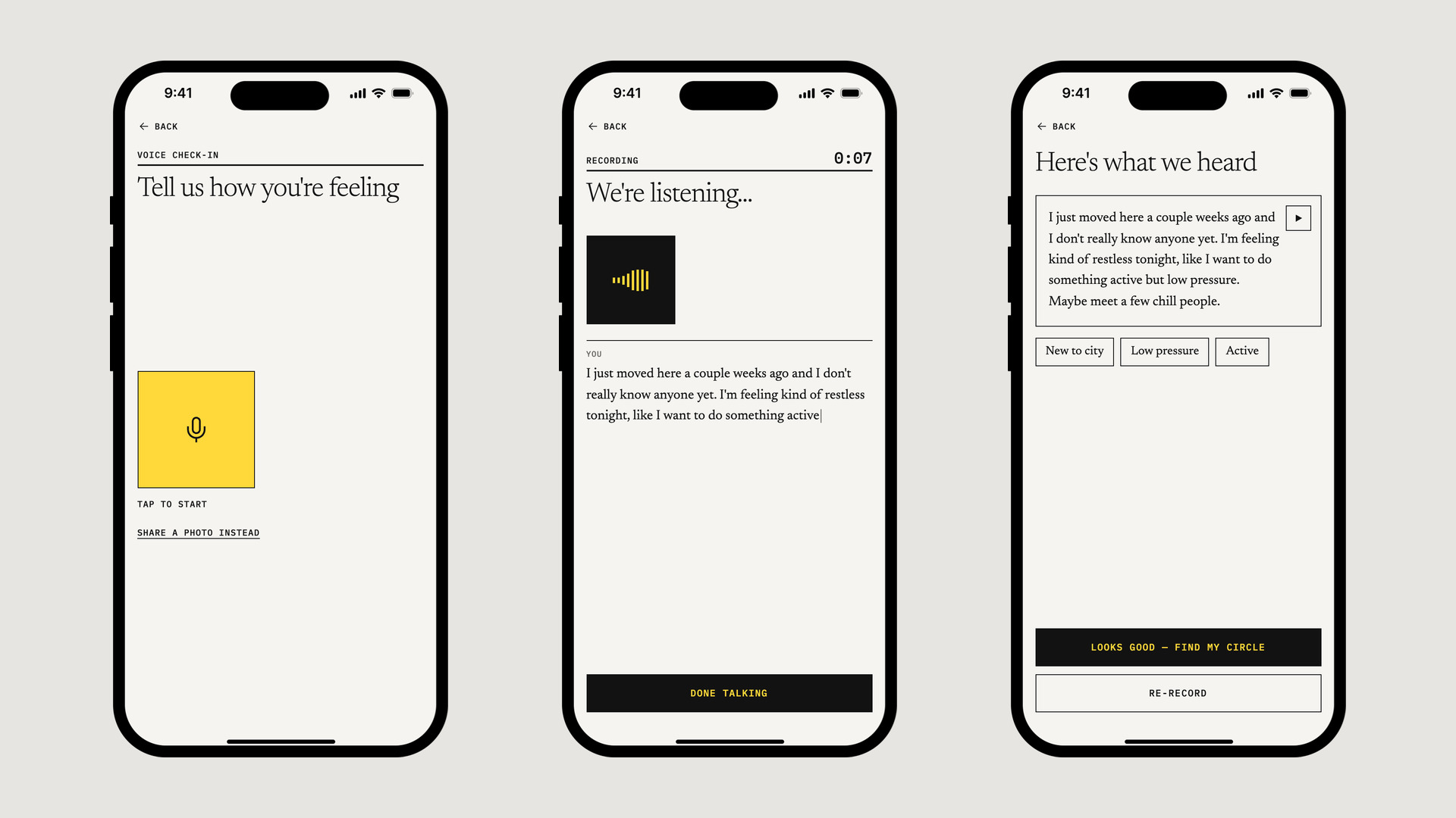 The voice check-in: tap to start, the live transcript while you talk, and what Co heard