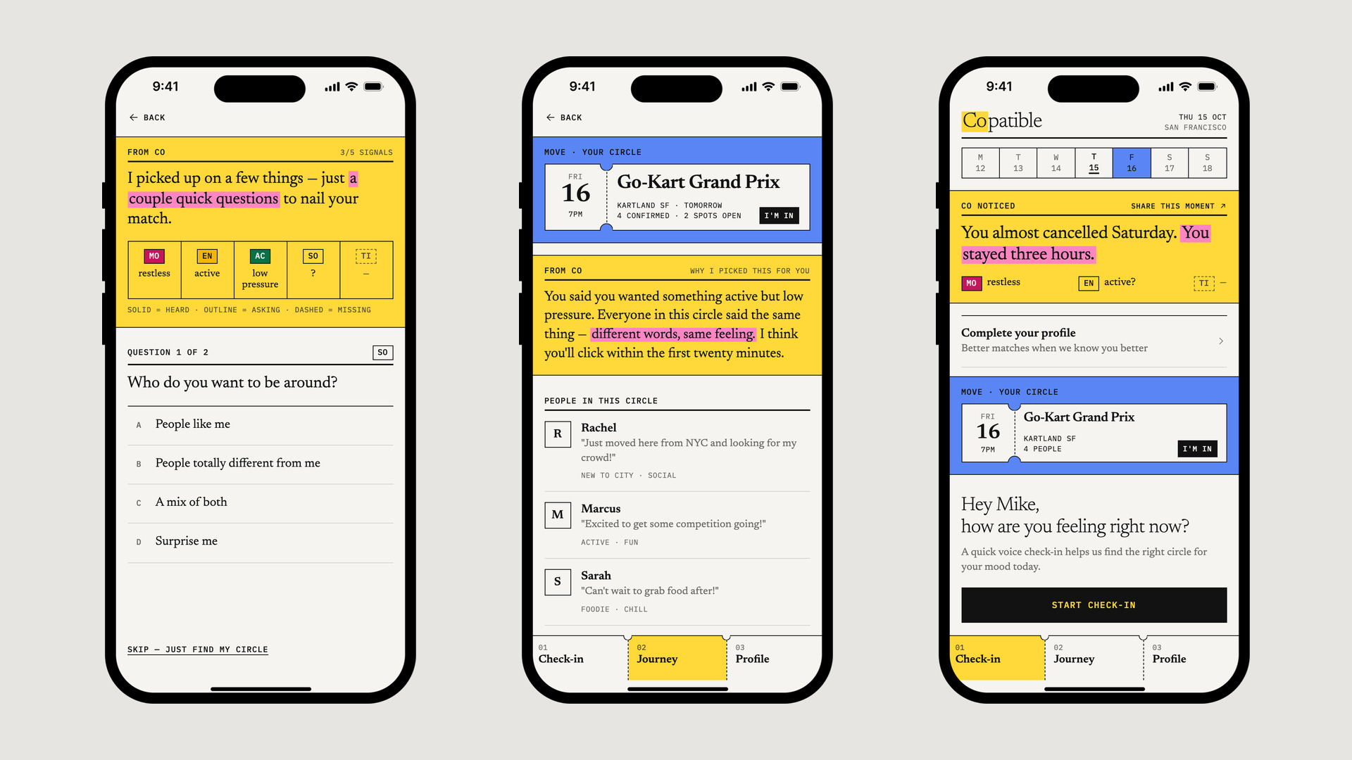 CoPatible: Co's follow-up with the five signal tiles, a circle with Co's note, and Home with Co's memory card