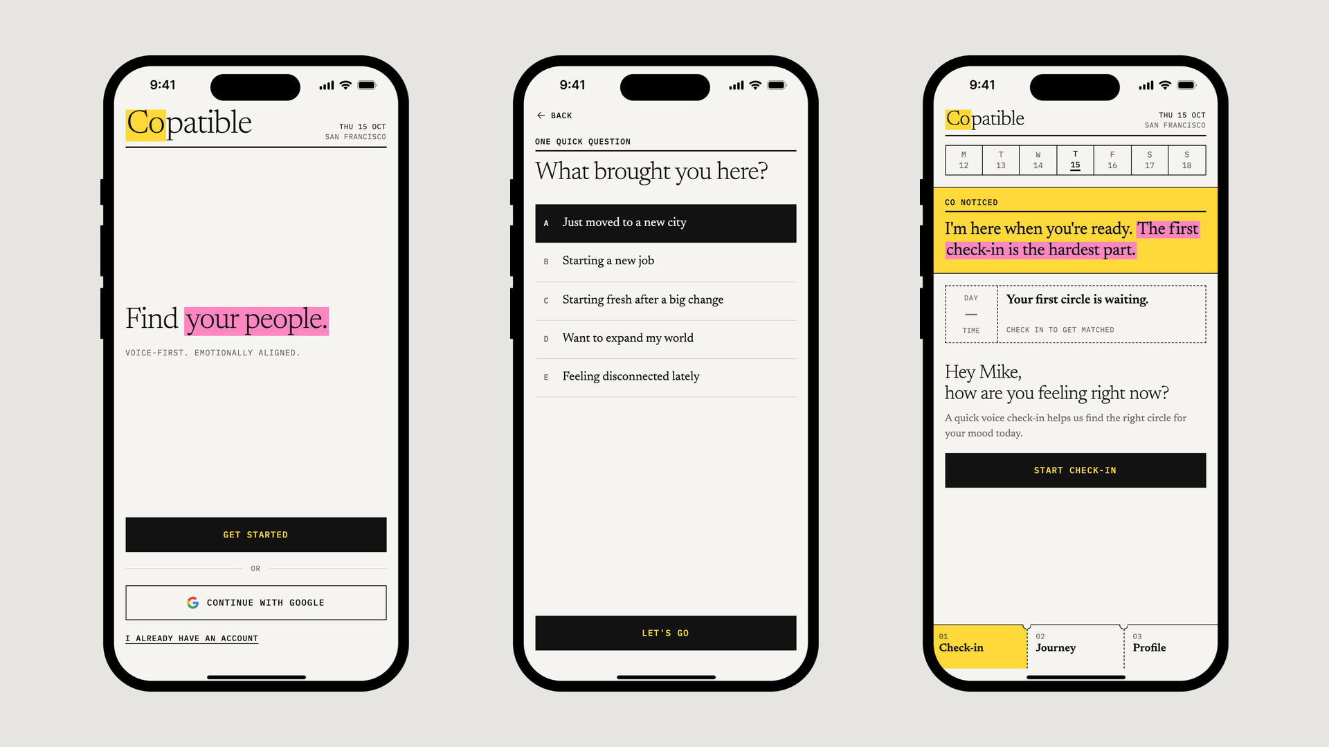 Onboarding: the welcome screen, one question about what brought you here, and Home with Co's first note