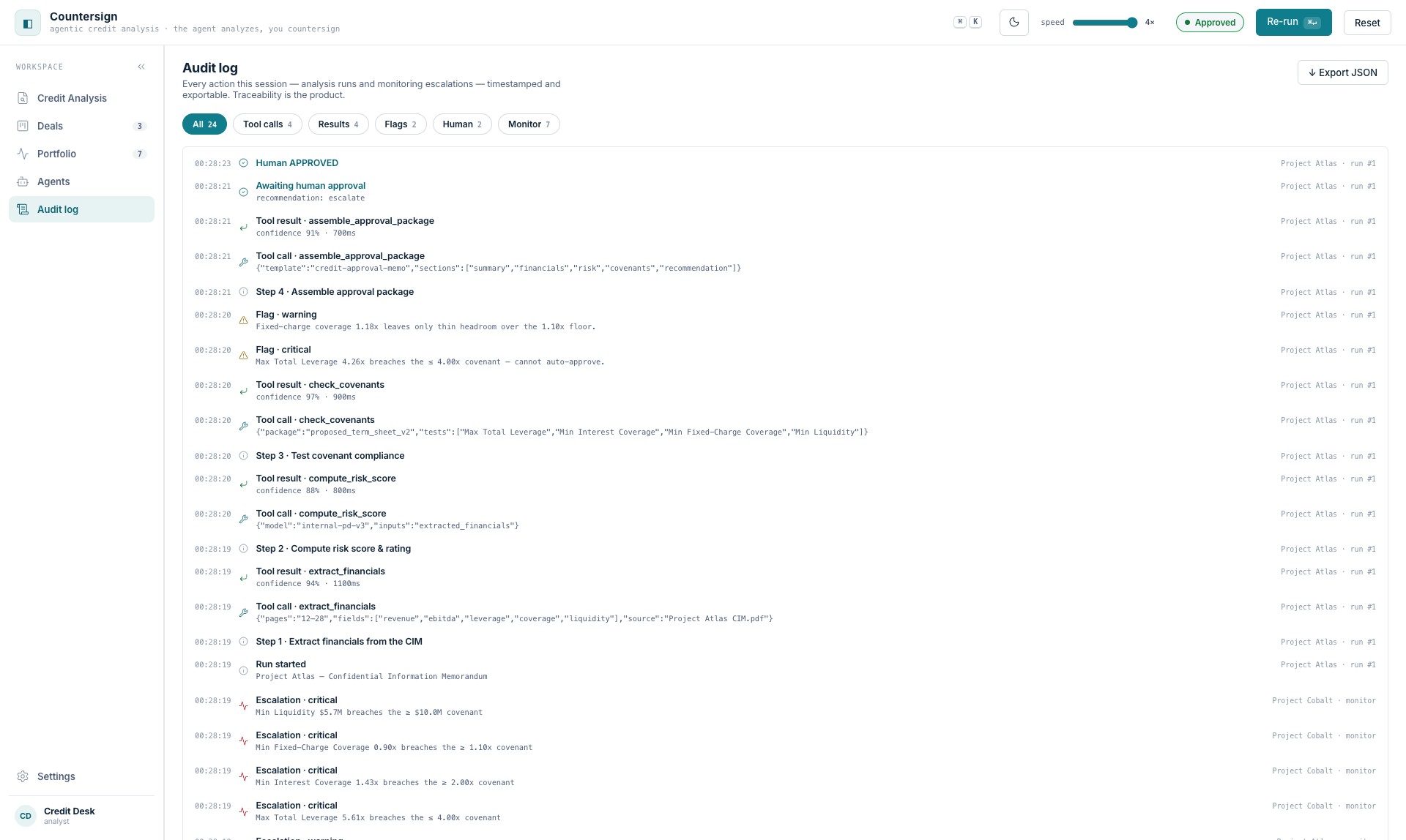 Audit log: timestamped events for every tool call, flag, and decision