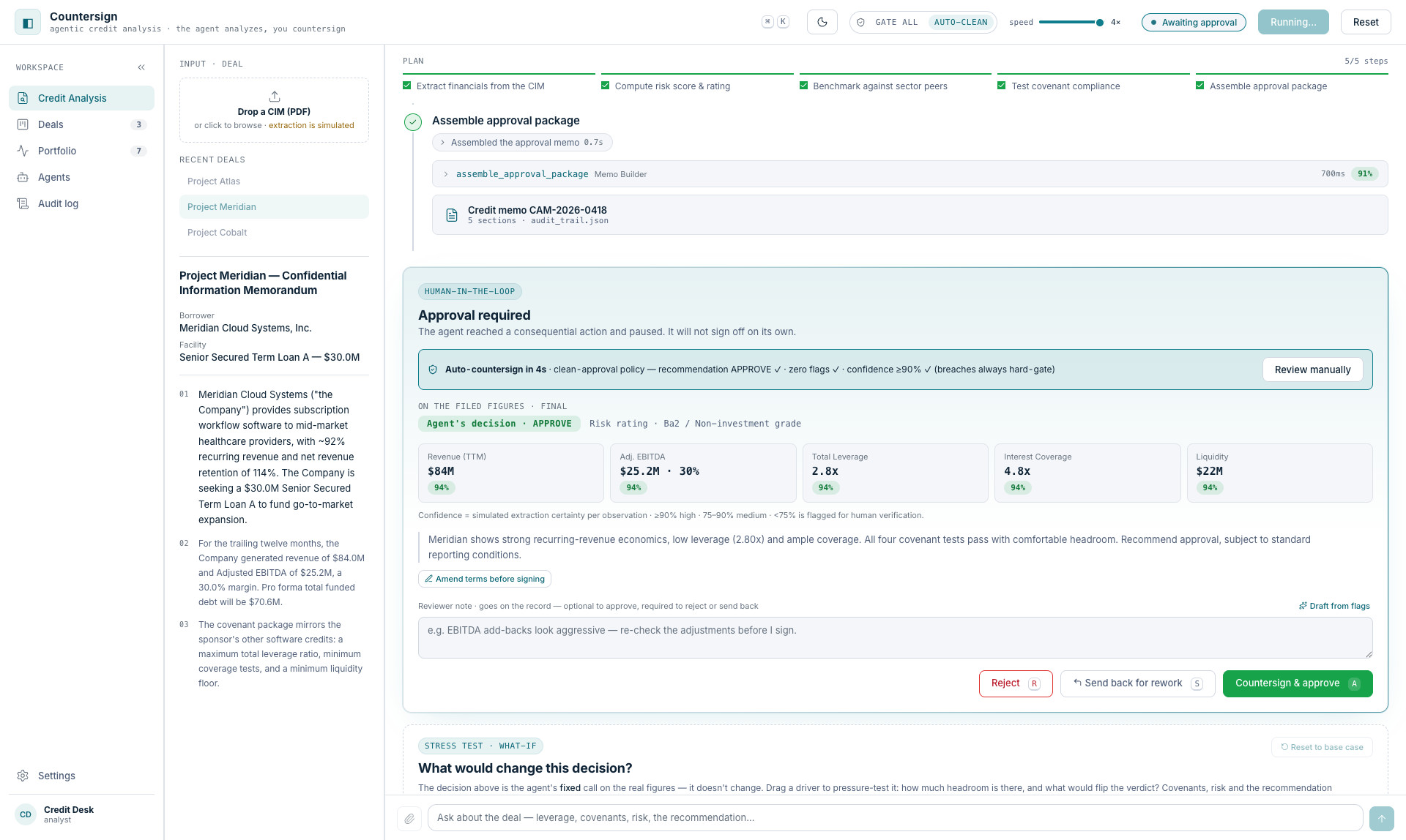 Auto-countersign countdown on a clean approval, the policy trace spelled out, review manually to hold