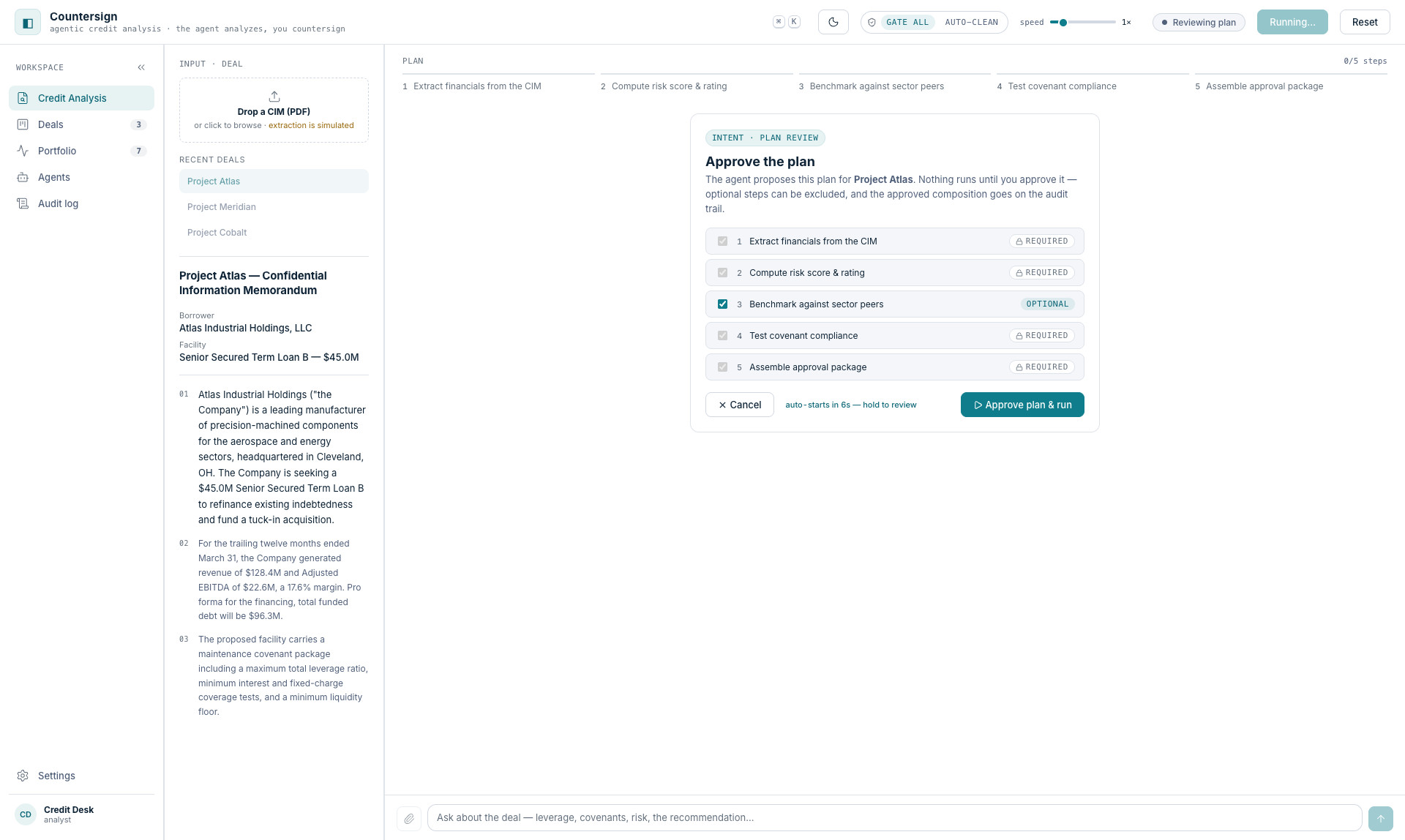 The intent gate: a plan-review checklist with locked required steps, an optional peer-benchmark step, and an auto-start countdown