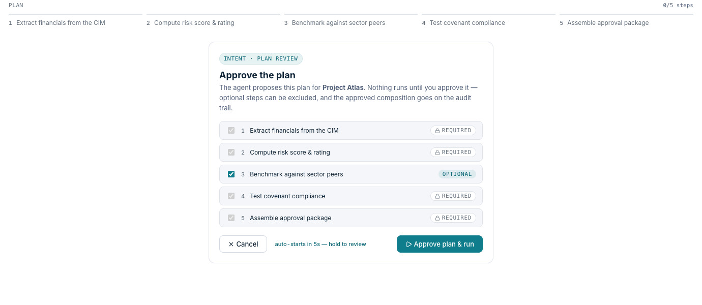 The plan-review checklist: required steps locked, the optional step toggleable, approve plan and run