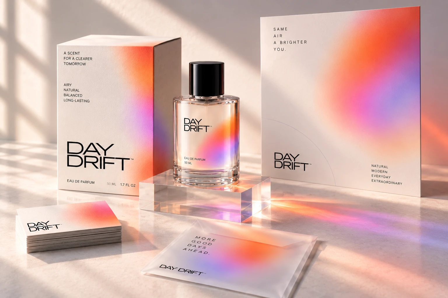 Day Drift, a fragrance identity: a clear bottle on an acrylic block beside its box, a print, business cards and a frosted envelope, all washed in refracted orange, pink and violet light