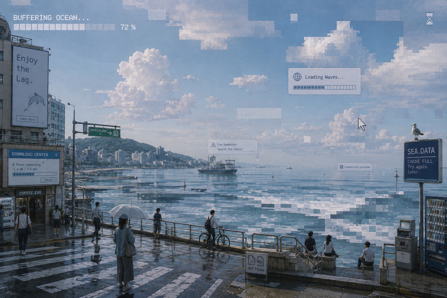 Buffering Ocean — coastal cityscape glitching with loading bars, pixelated sky and sea, and simulation UI fragments