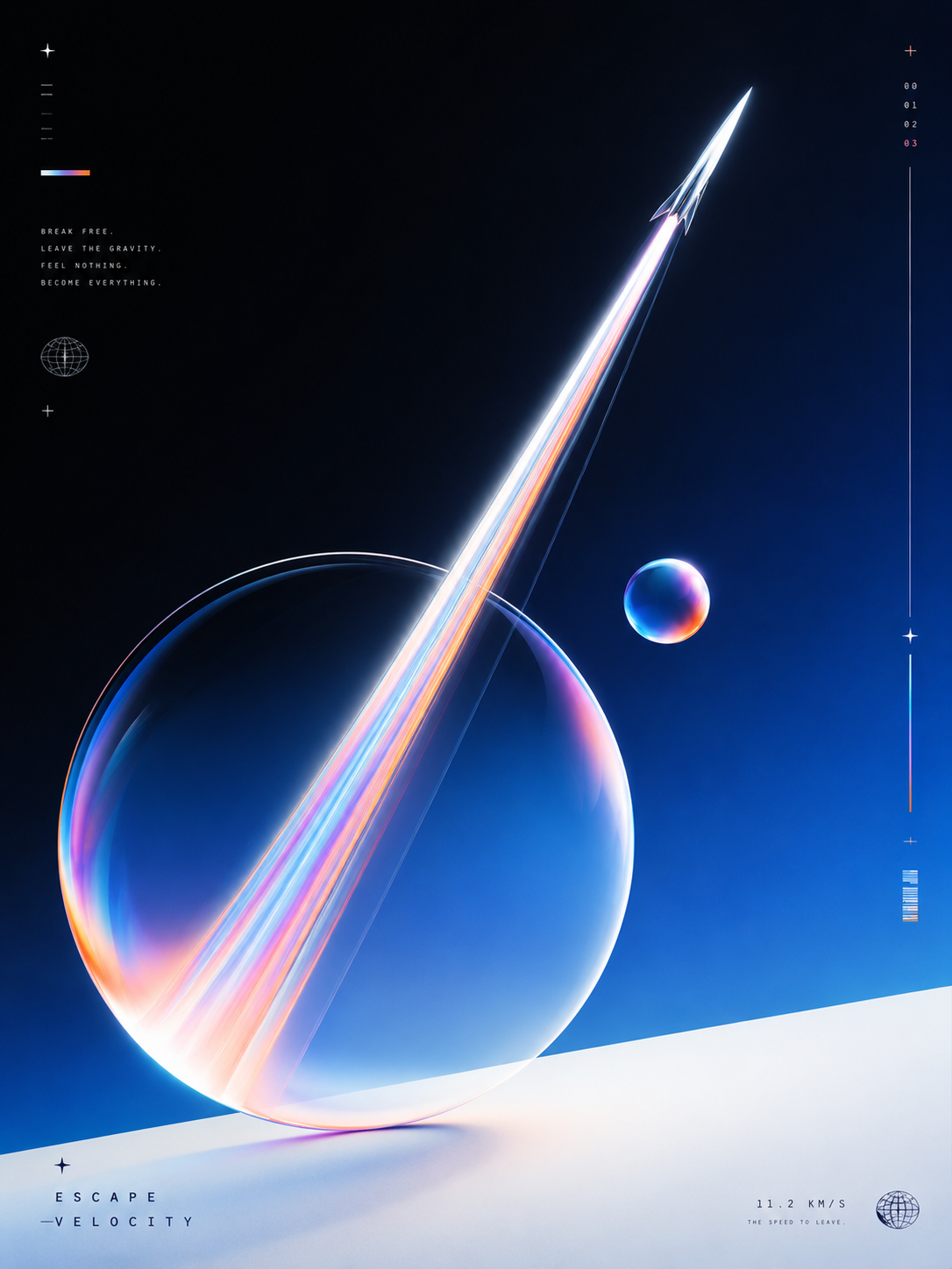 Escape Velocity — sci-fi editorial poster of an iridescent sphere pierced by a rocket trail