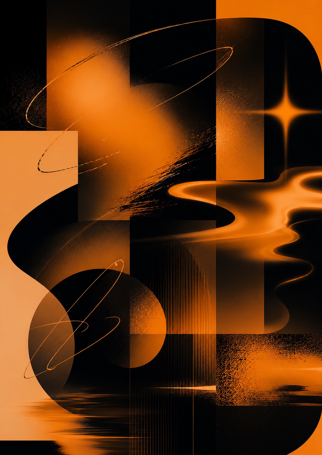 Golden Flux — abstract poster of molten gold ribbons, orbiting trails, and grain on black