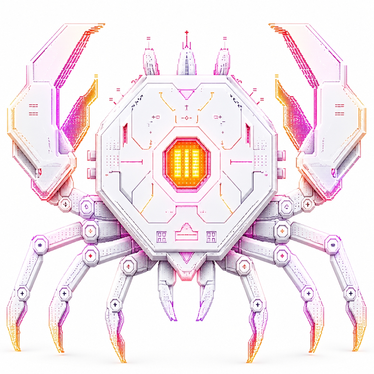 Octocrab — pearl-white sci-fi crab creature with neon claws and a glowing core