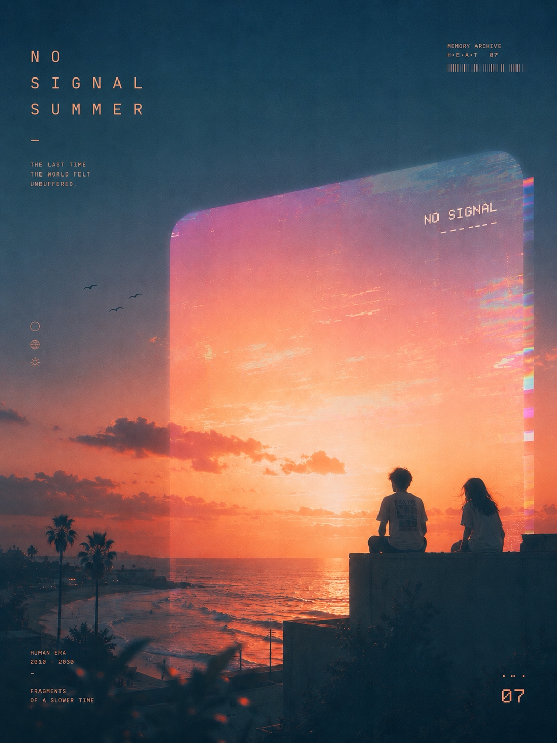 No Signal Summer — sunset editorial poster with two figures overlooking a coast