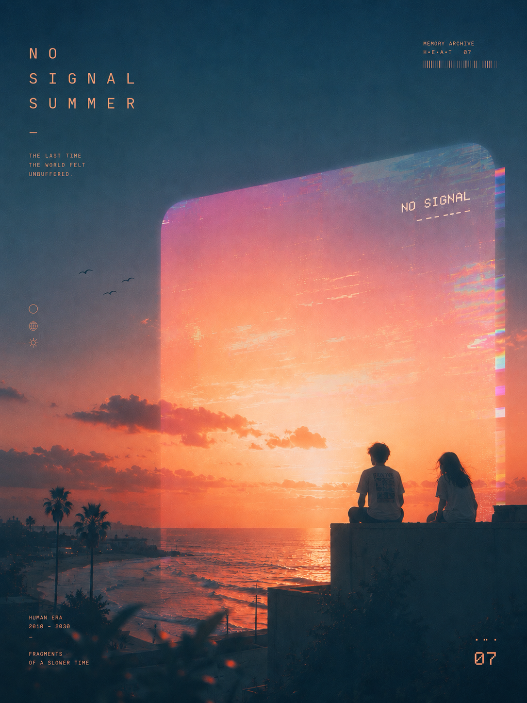 No Signal Summer — sunset editorial poster with two figures overlooking a coast