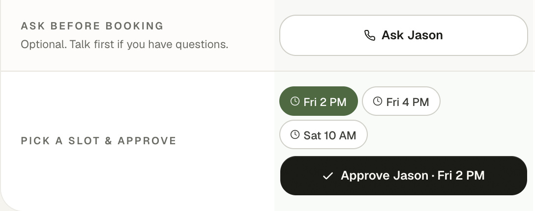 The booking rows as shipped, Ask Jason above Approve Jason