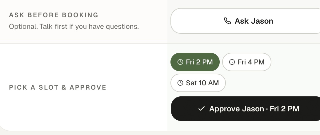 The shipped page, Ask before booking sitting above the approve section