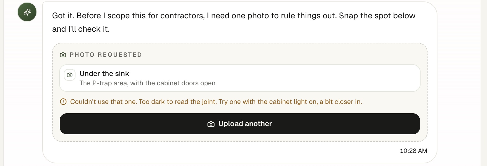 The shipped intake, the agent rejecting a photo it cannot read with advice for the retake