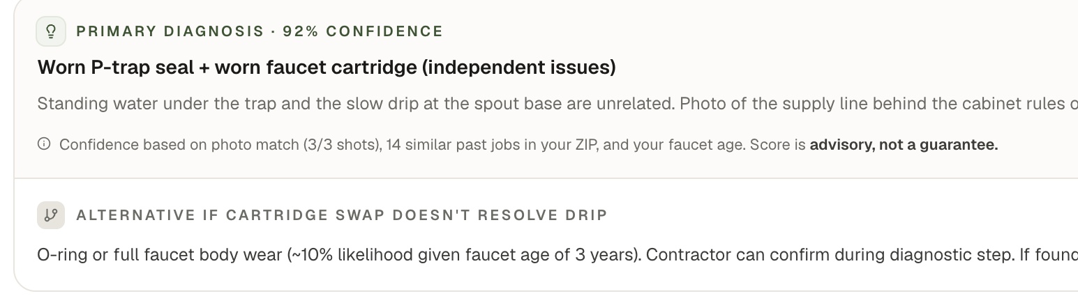 The old diagnosis card, leading with 92% confidence and a one line source