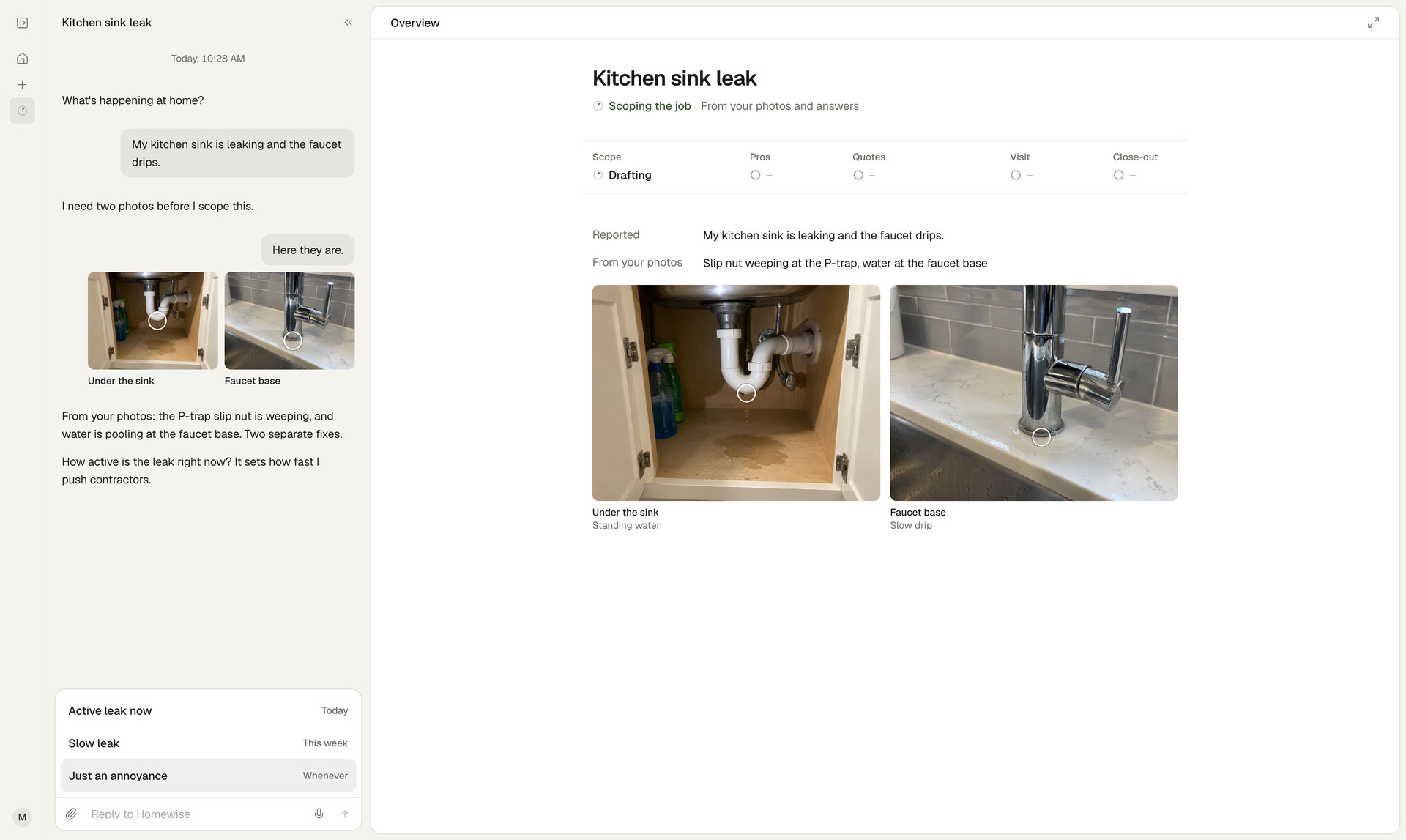The V2 overview: the kitchen sink leak, what was reported, and what the agent read in the two photos
