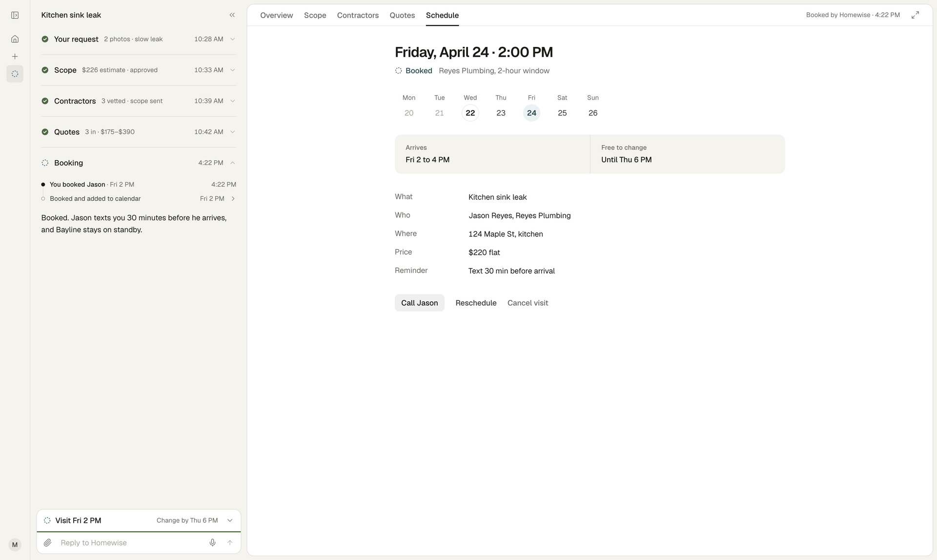 The booked visit on the board: Friday, April 24, 2 PM, with the arrival window and the change deadline