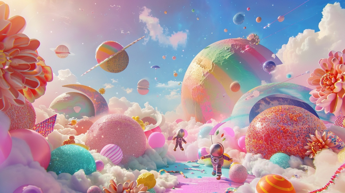 Surreal whales in colorful clouds