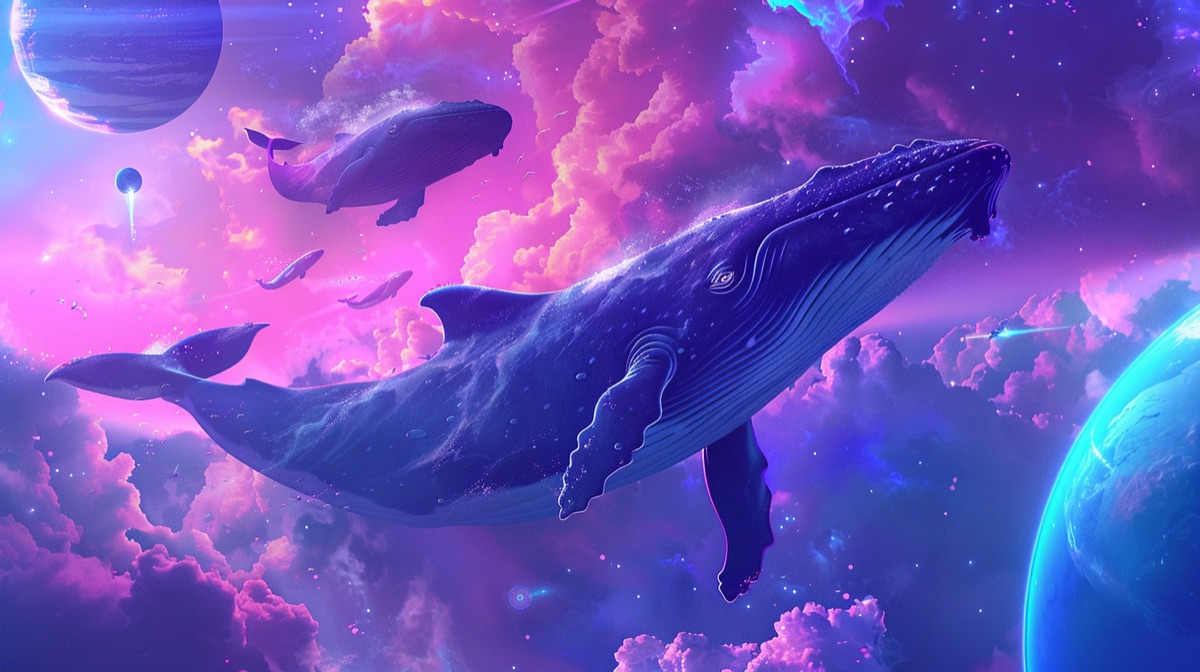 Whales swimming through purple skies