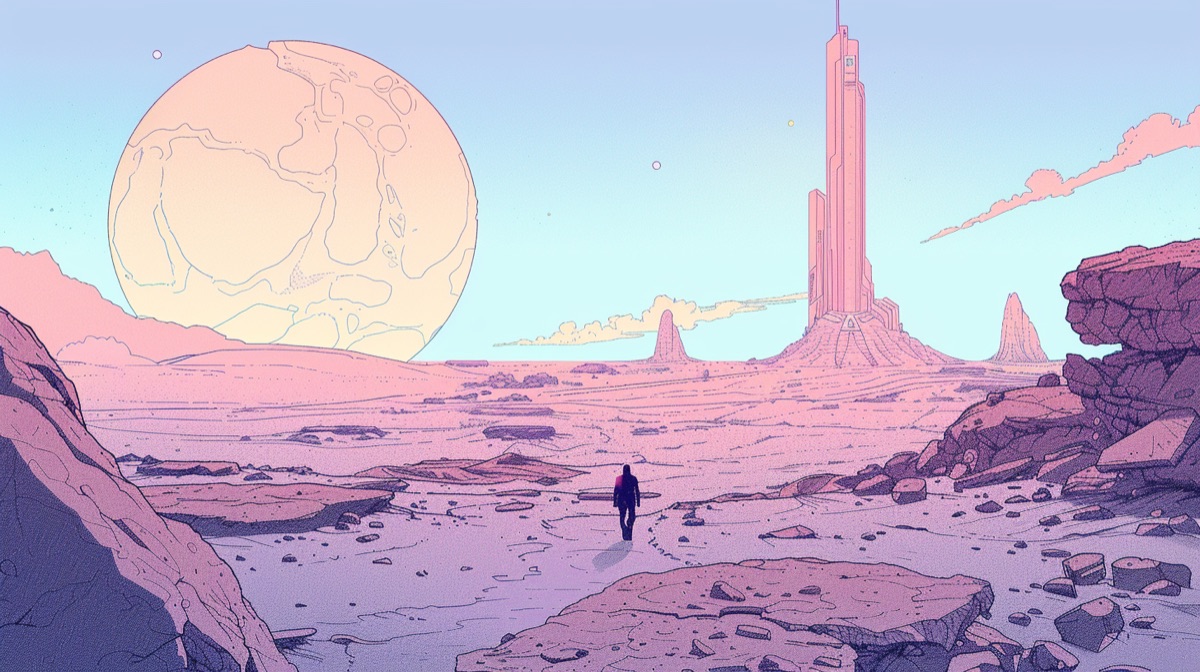 Moebius-inspired sci-fi landscape