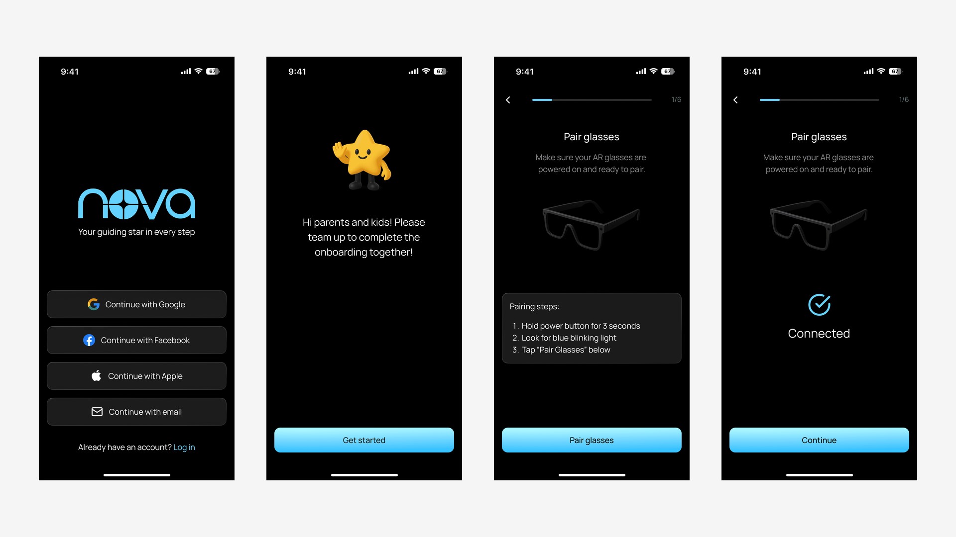 NOVA companion app — sign-in and pair glasses flow