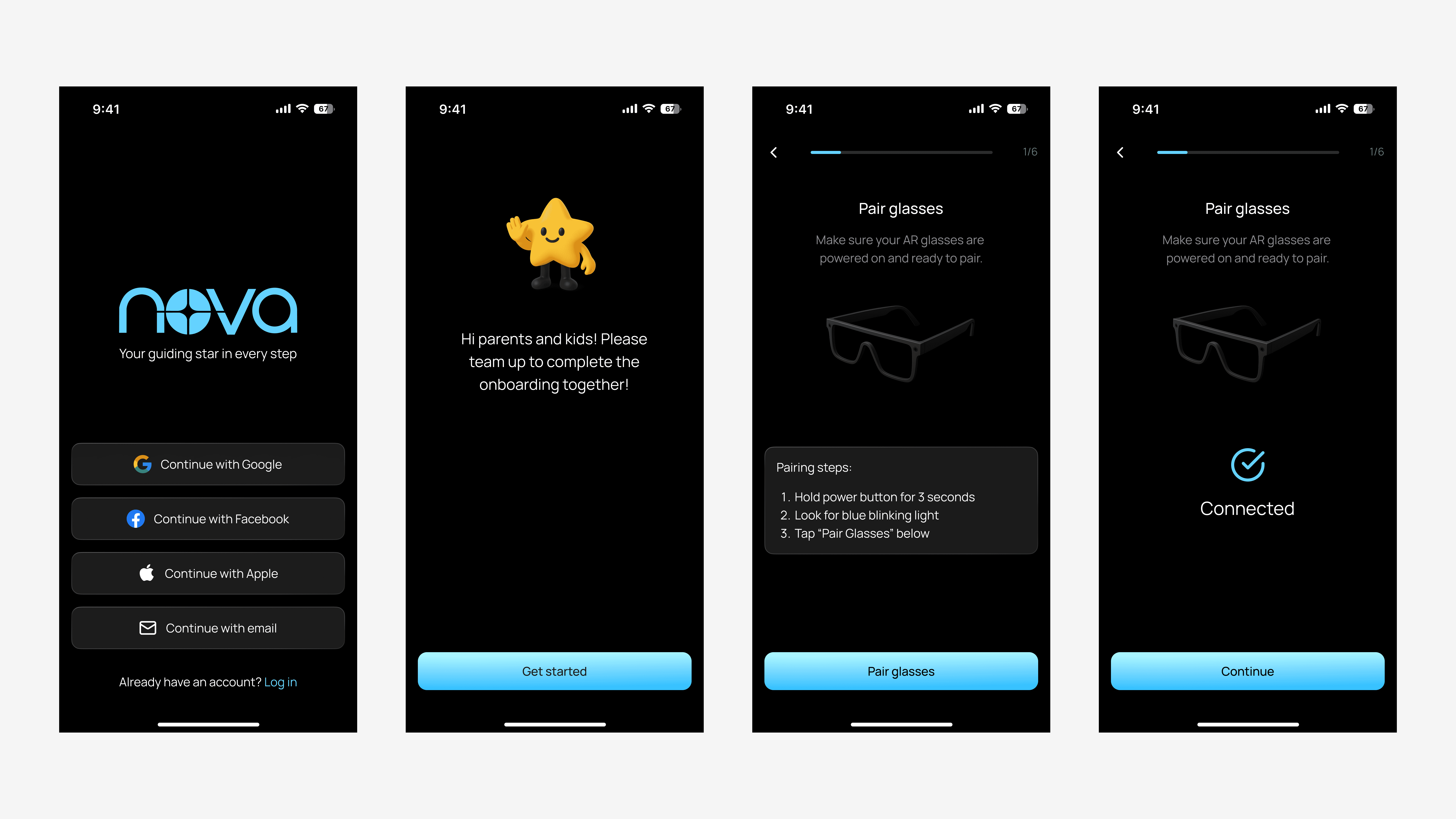 NOVA companion app — sign-in and pair glasses flow