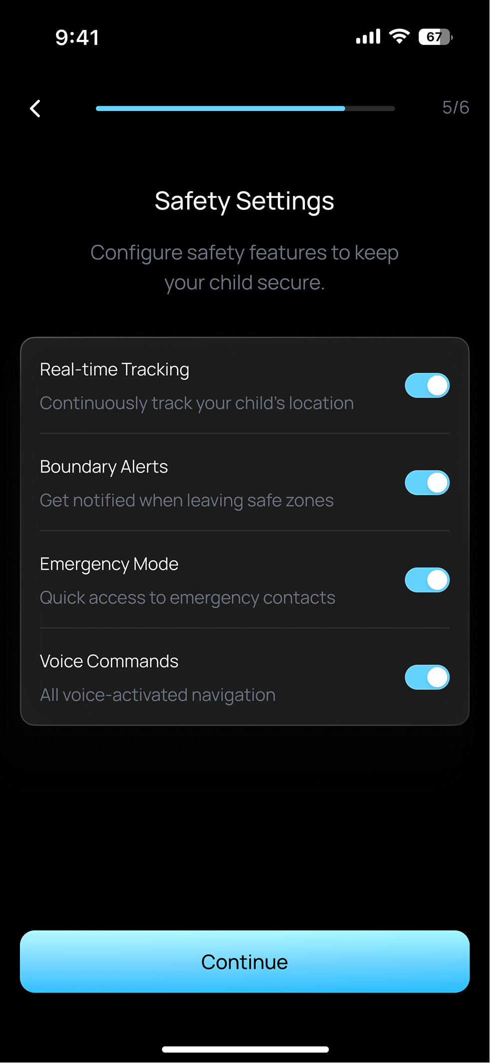 Safety Controls — toggles for real-time tracking, boundary alerts, emergency mode, and voice commands