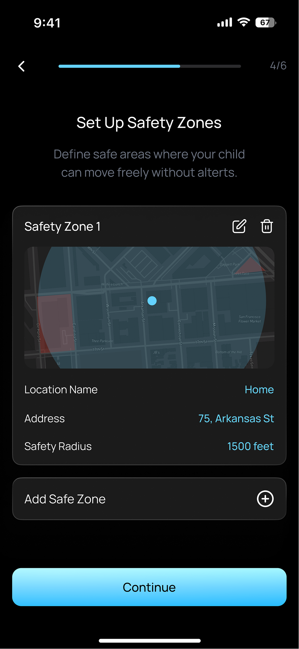 Safe Zone Setup — define safe areas where the child can move freely without alerts