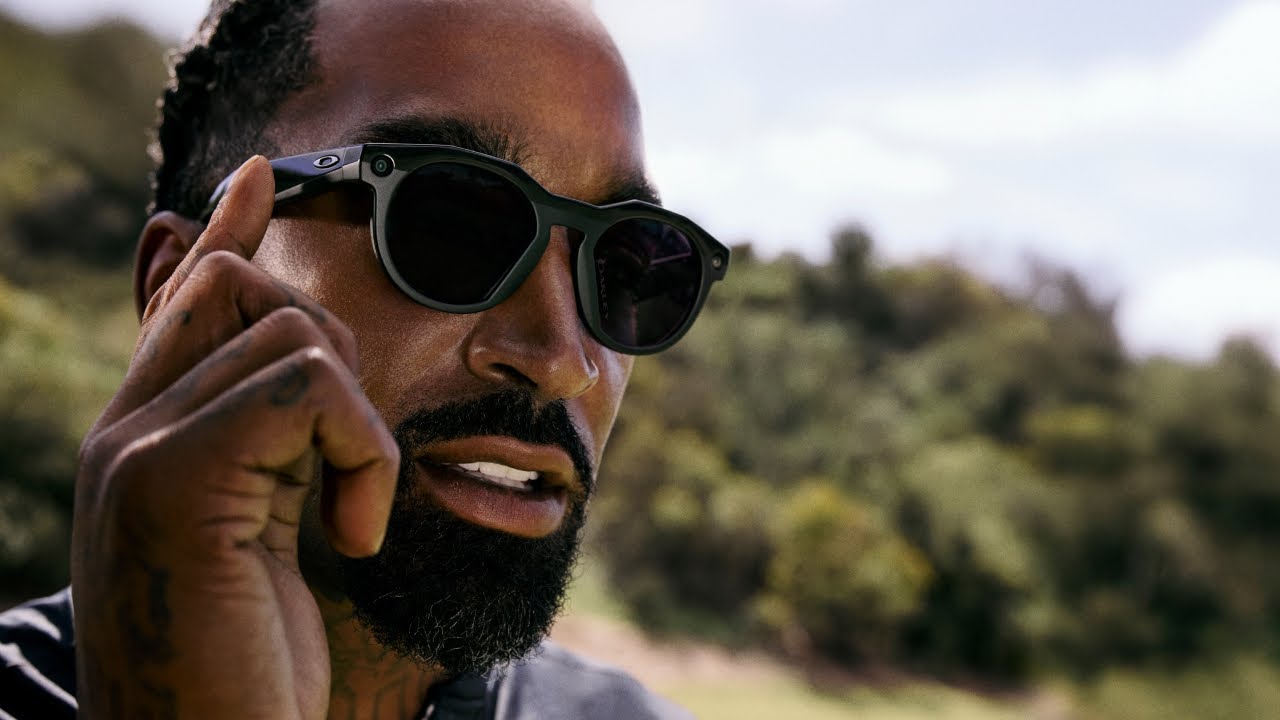 Smart sunglasses worn outdoors, camera-style frames