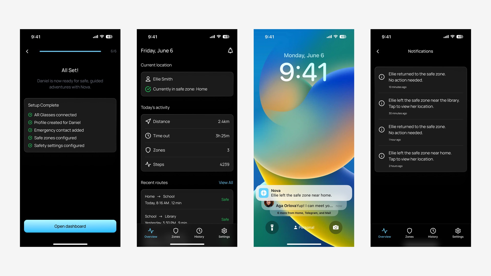 NOVA companion app — All Set confirmation, daily activity dashboard, lock-screen notification, and notifications history