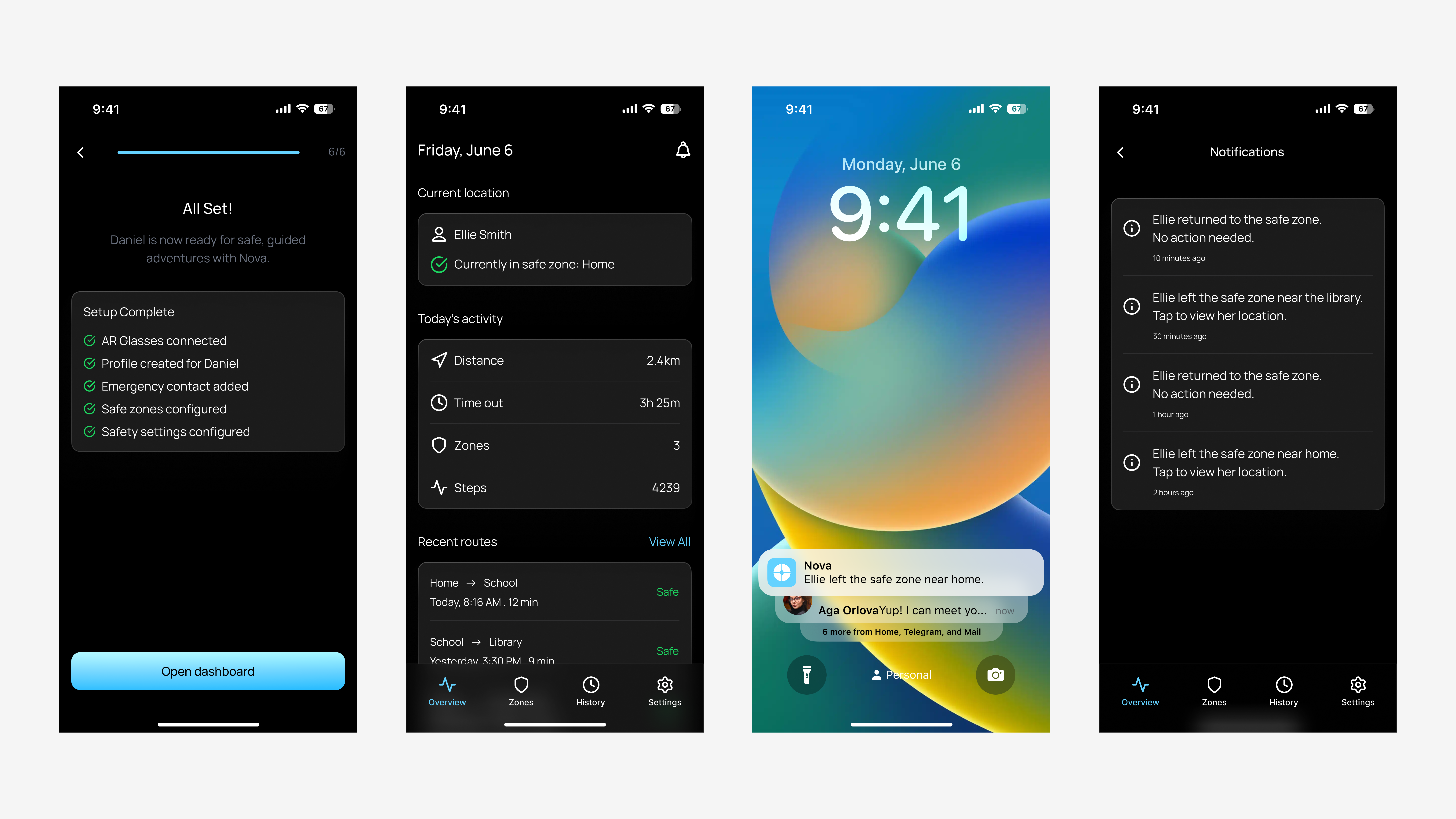 NOVA companion app — All Set confirmation, daily activity dashboard, lock-screen notification, and notifications history