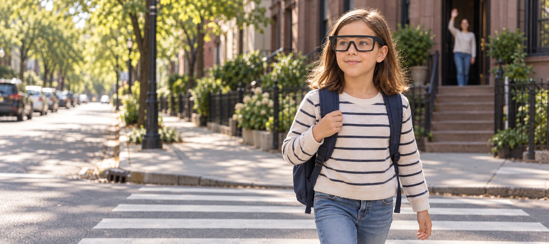 UNICEF NOVA cover: a girl wearing the NOVA AR glasses crosses toward school on her own while a parent waves from a doorway behind her