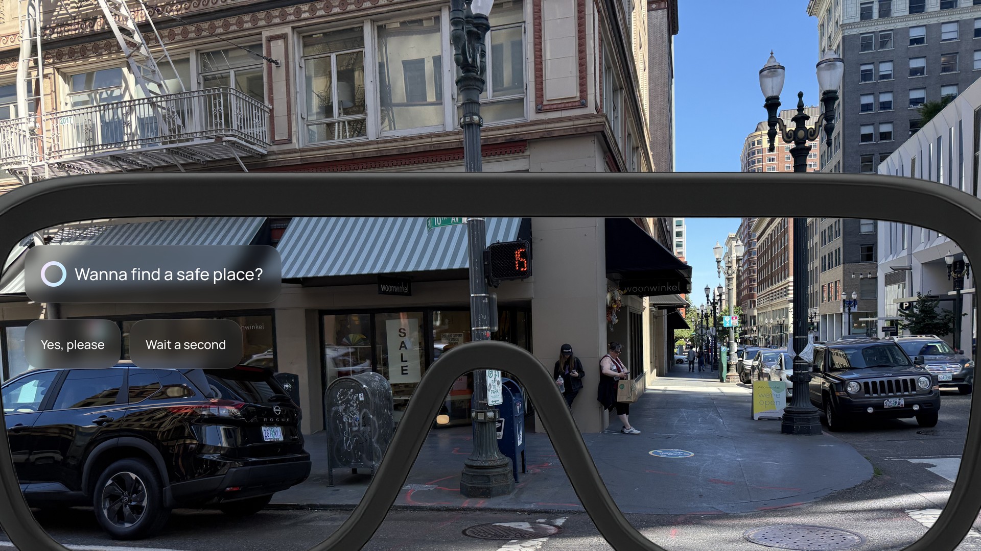 NOVA AR view — Wanna find a safe place? with Yes please / Wait a second prompts