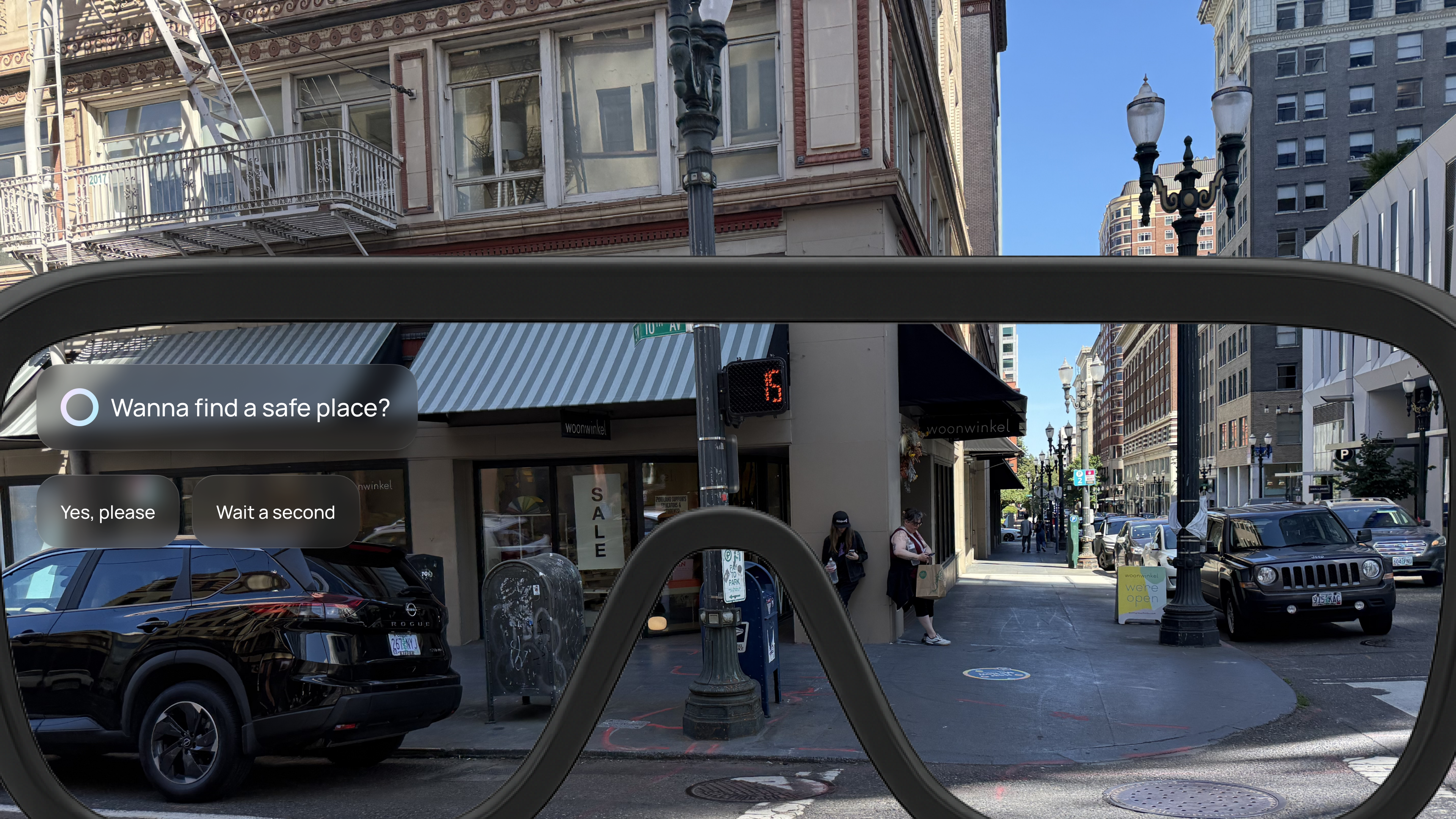 NOVA AR view — Wanna find a safe place? with Yes please / Wait a second prompts