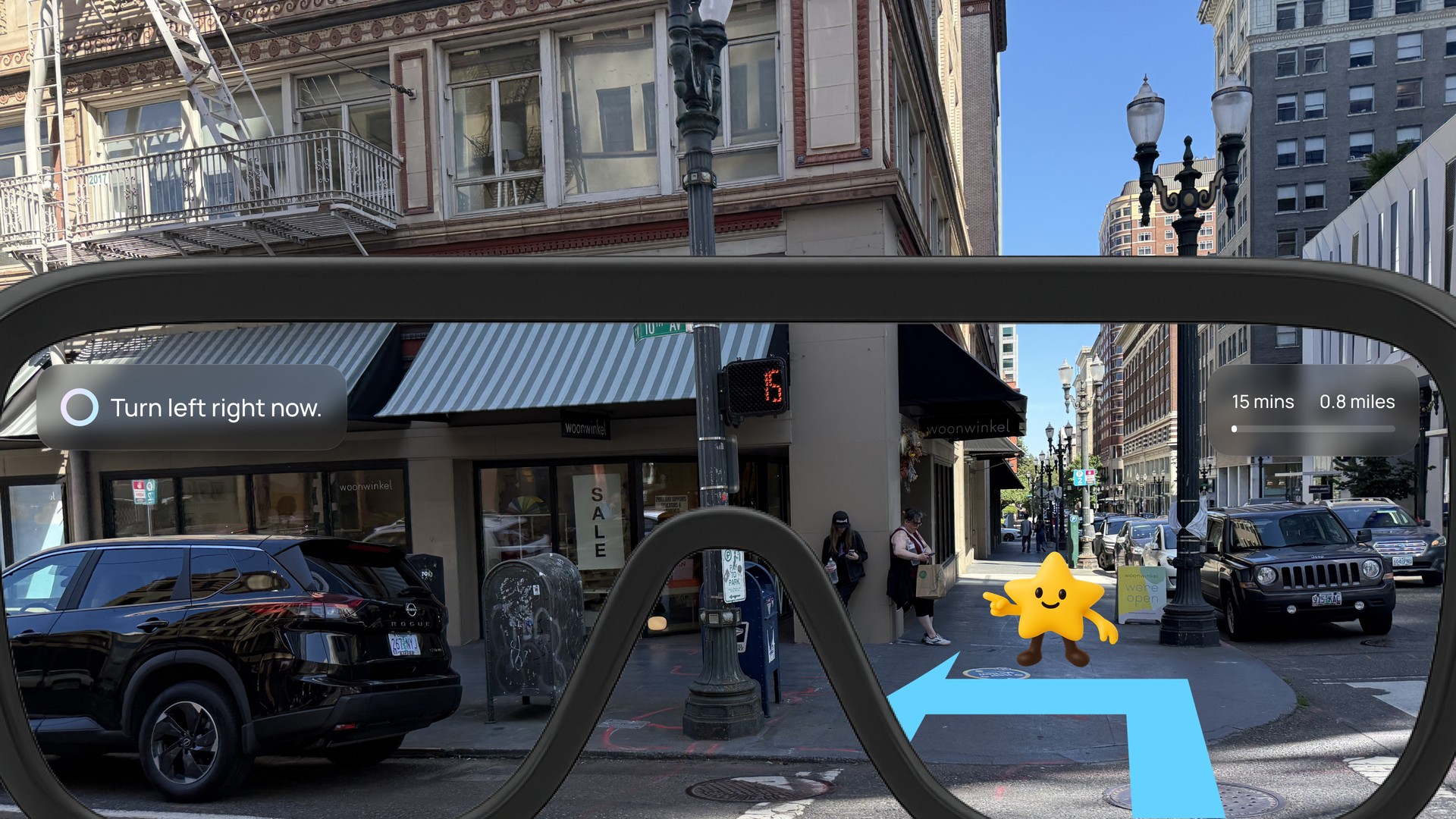 NOVA AR view — Turn left right now, urgent guidance with mascot and route arrow