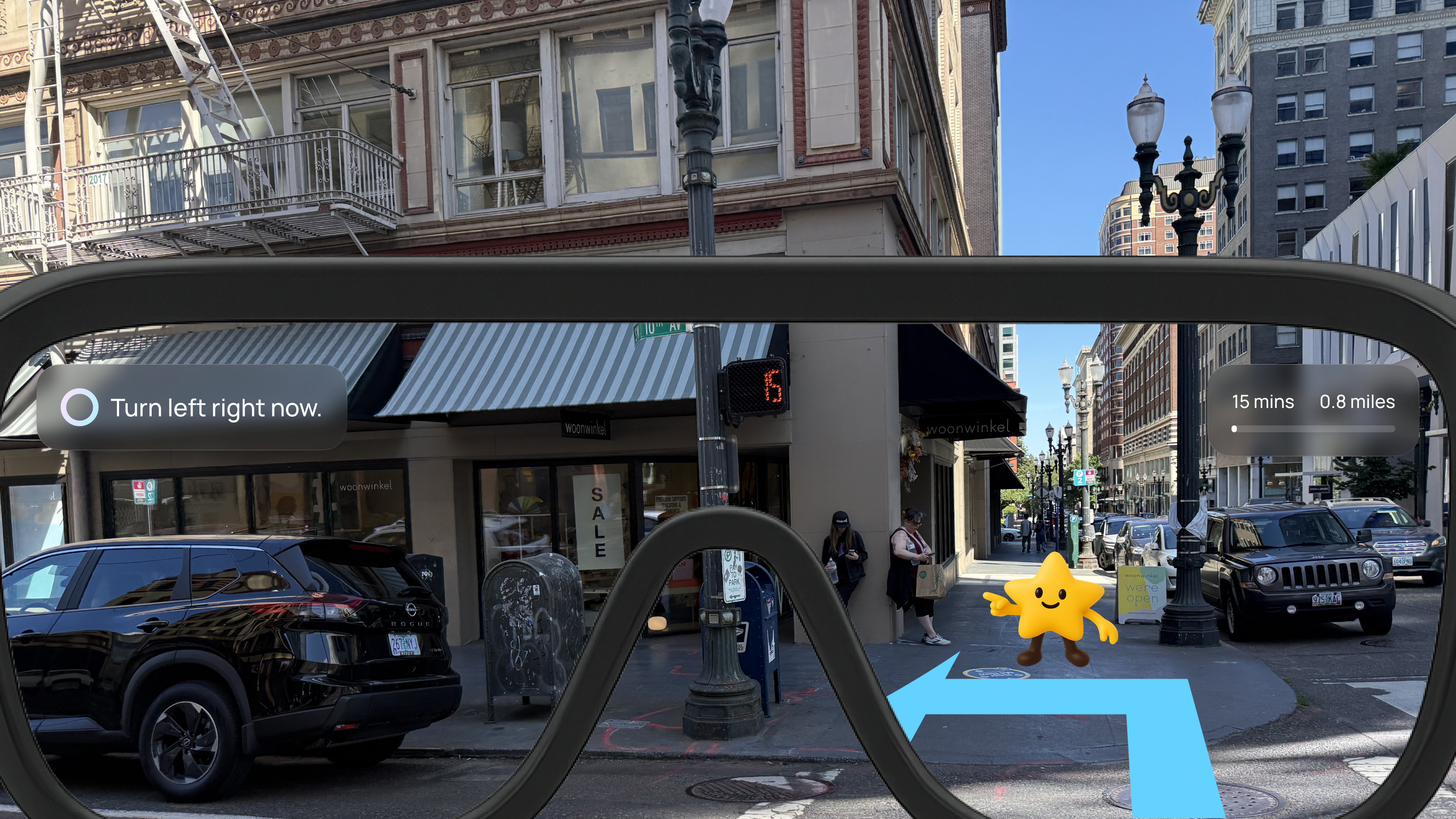 NOVA AR view — Turn left right now, urgent guidance with mascot and route arrow