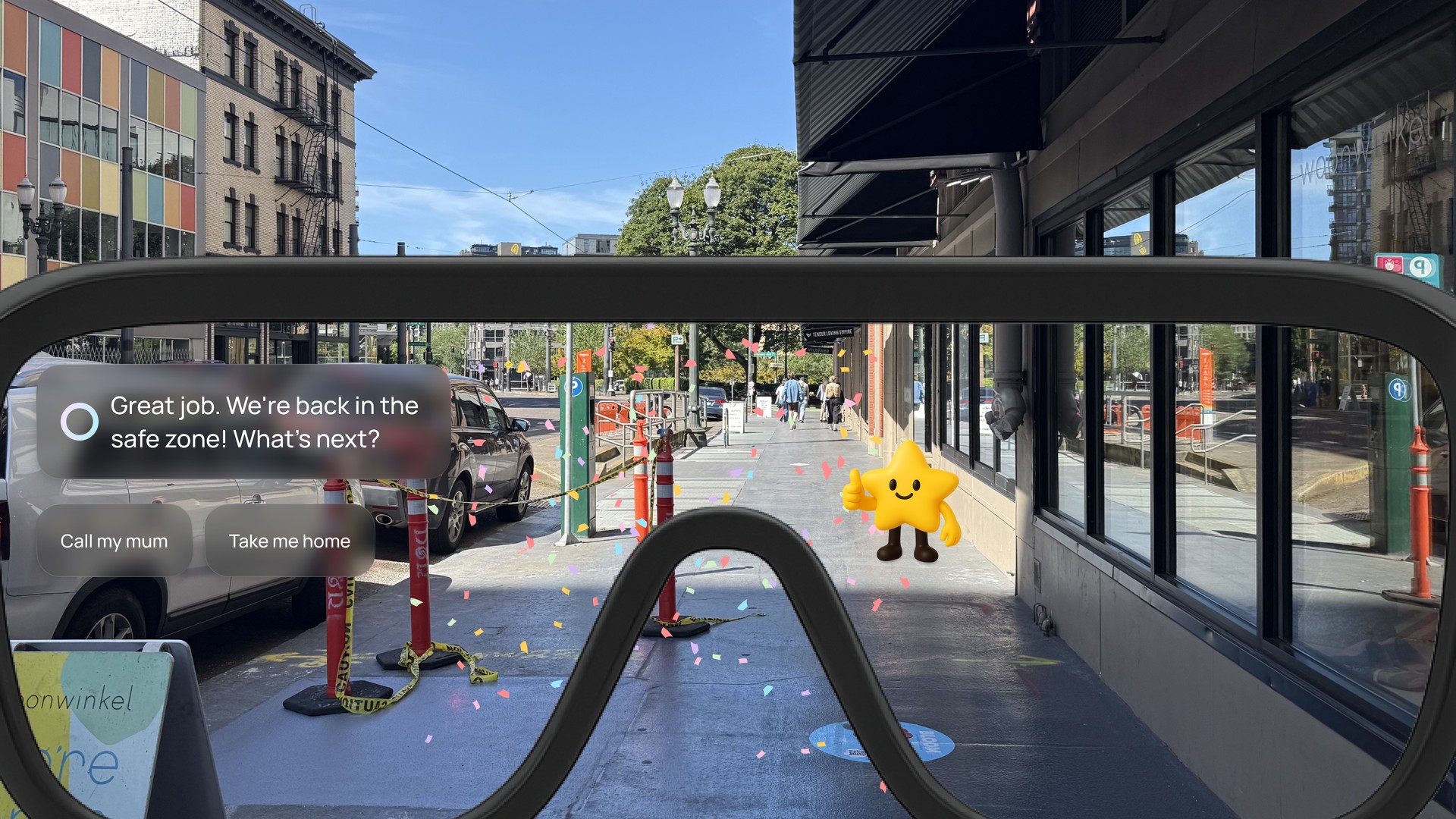 NOVA AR view — Great job. We're back in the safe zone! arrival celebration with Call my mum / Take me home options