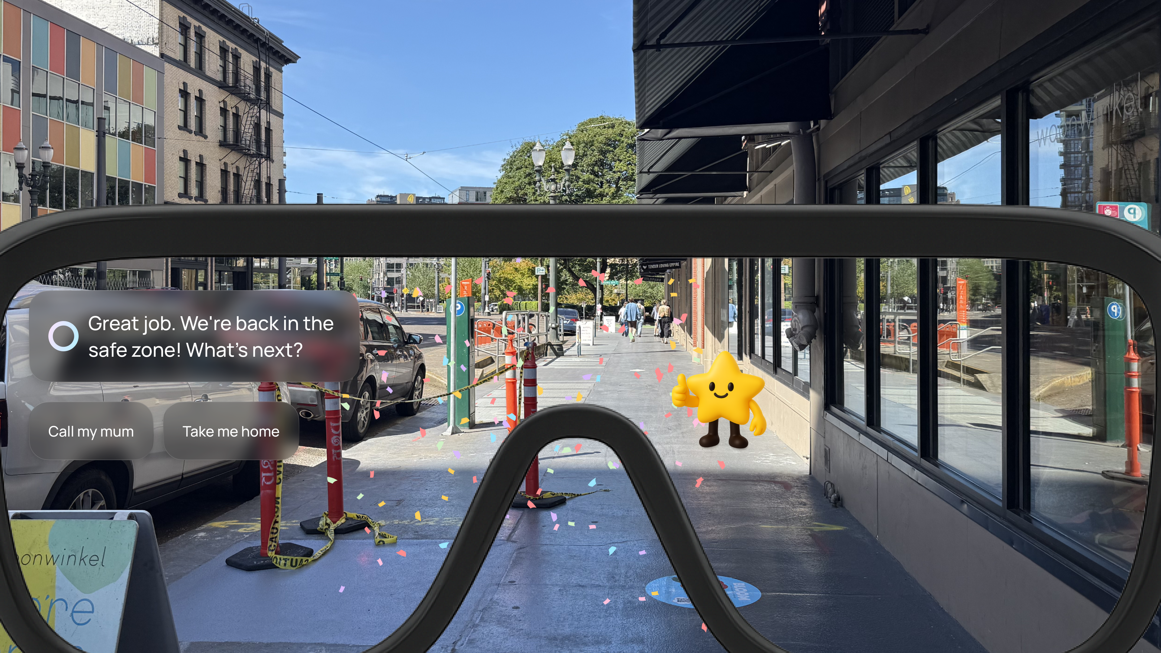 NOVA AR view — Great job. We're back in the safe zone! arrival celebration with Call my mum / Take me home options