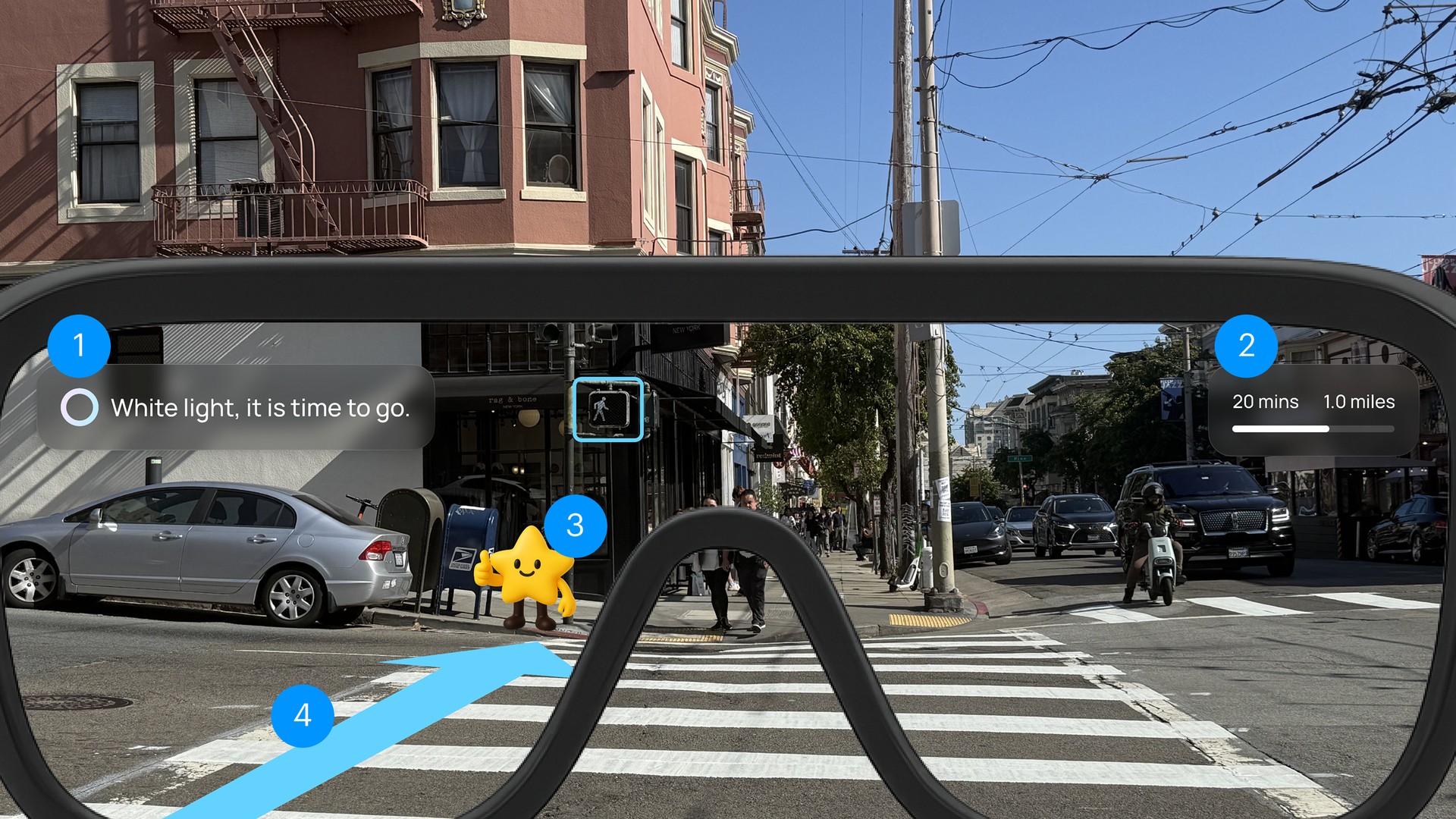NOVA HUD Text in action — annotated AR view with safety alert, time and distance readout, mascot guide, and navigation path overlay