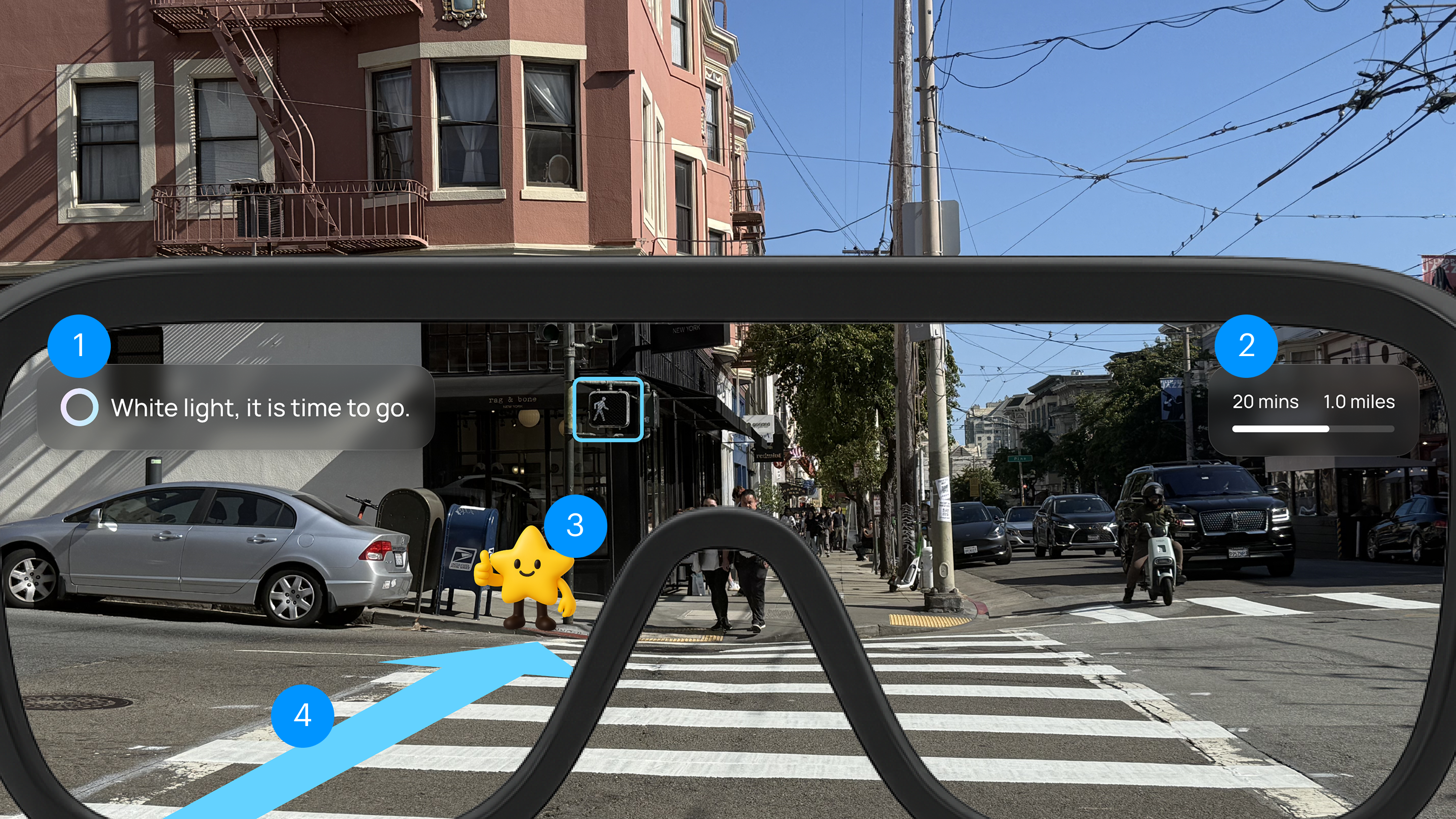 NOVA HUD Text in action — annotated AR view with safety alert, time and distance readout, mascot guide, and navigation path overlay