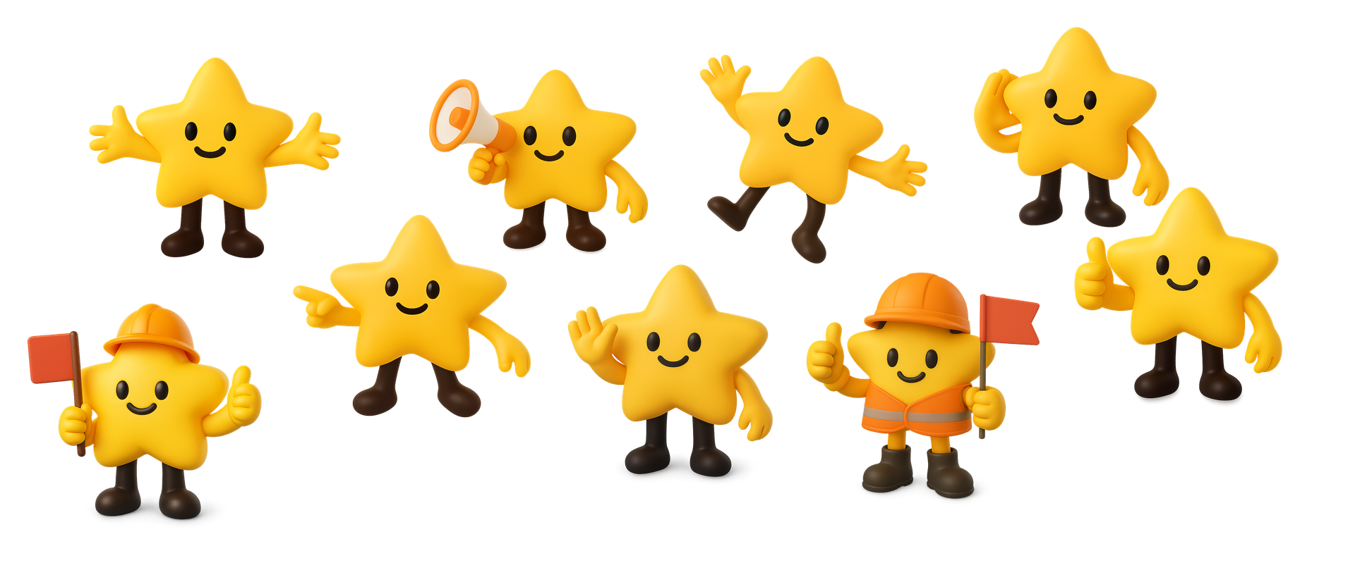 Nova character exploration — multiple poses including waving, megaphone, thumbs up, hard hat with flag