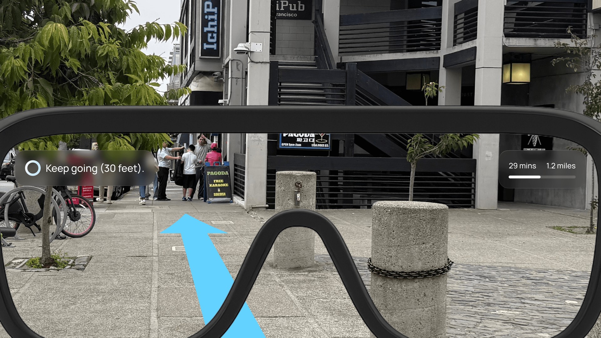 NOVA AR view — Keep going (30 feet) with directional arrow