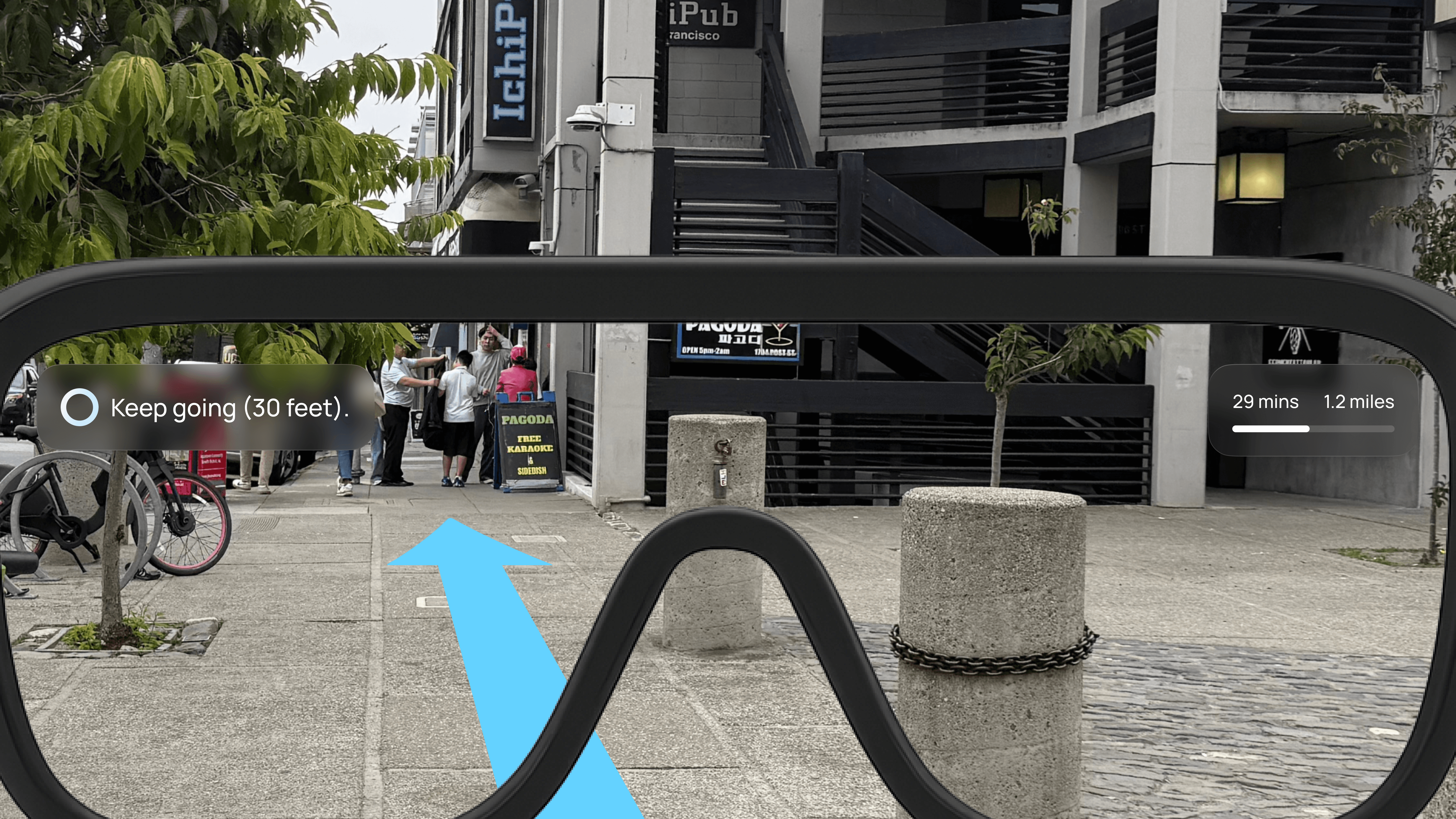 NOVA AR view — Keep going (30 feet) with directional arrow