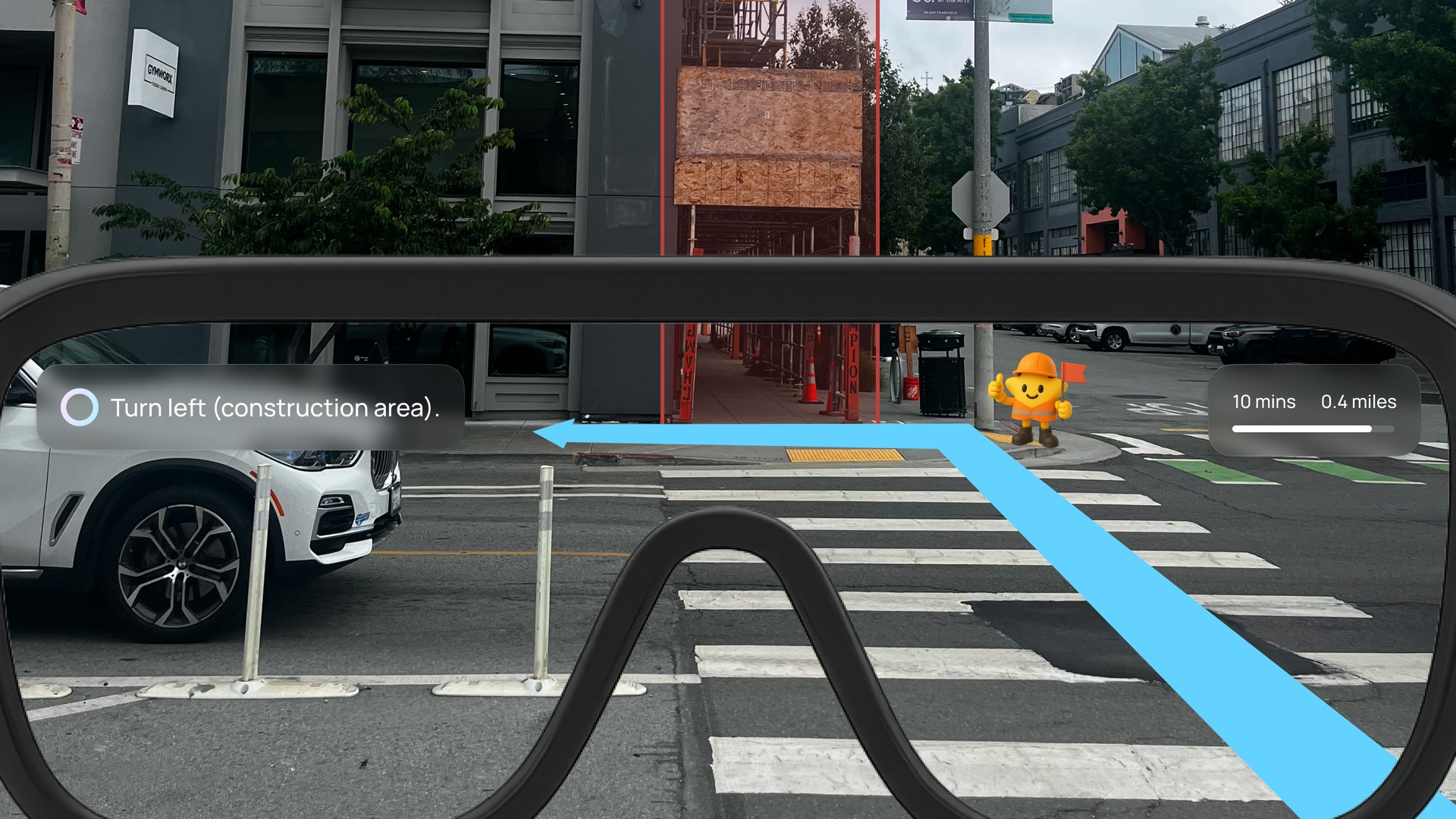 NOVA AR view — Turn left, construction area, with mascot and route overlay