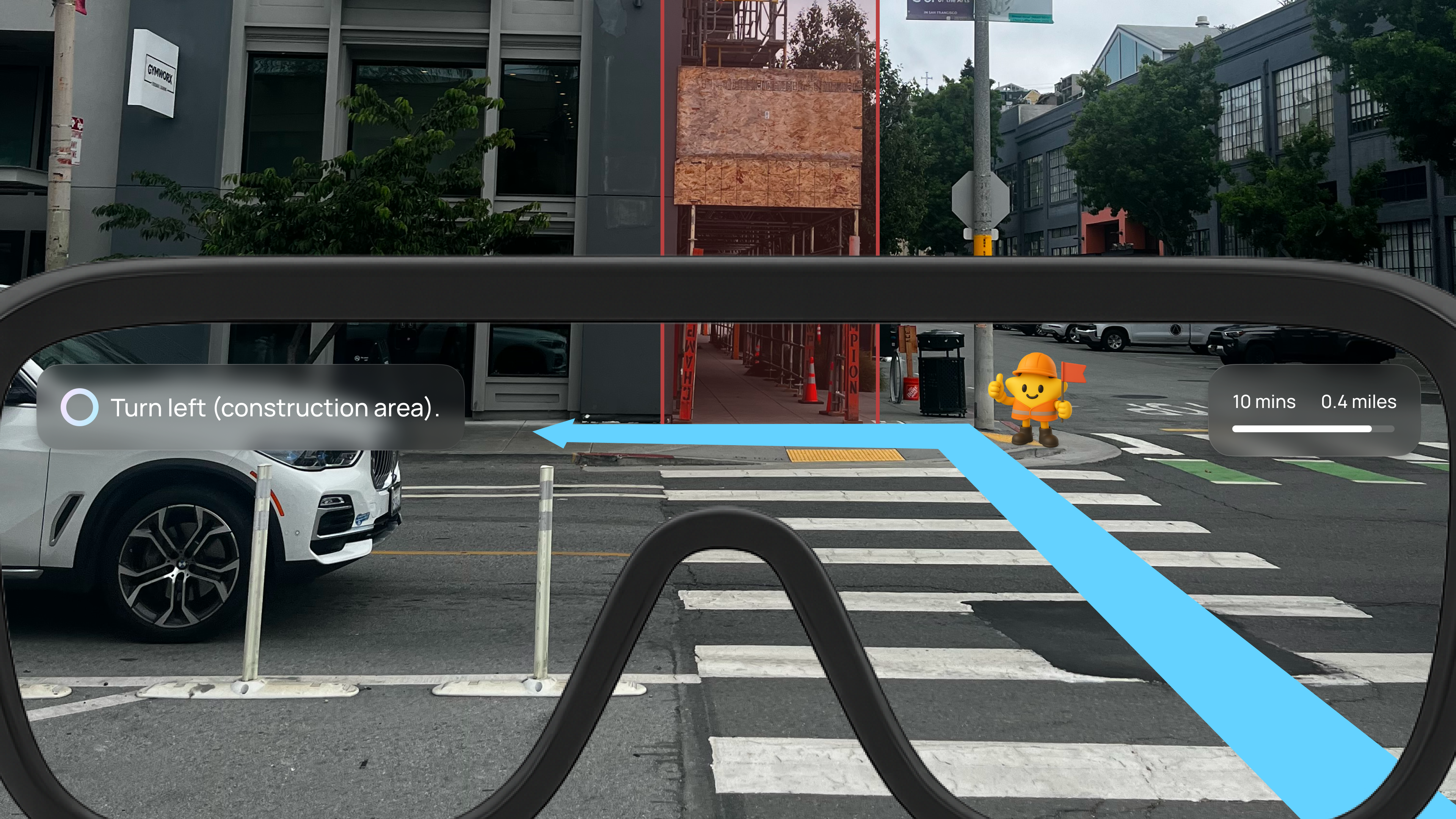 NOVA AR view — Turn left, construction area, with mascot and route overlay