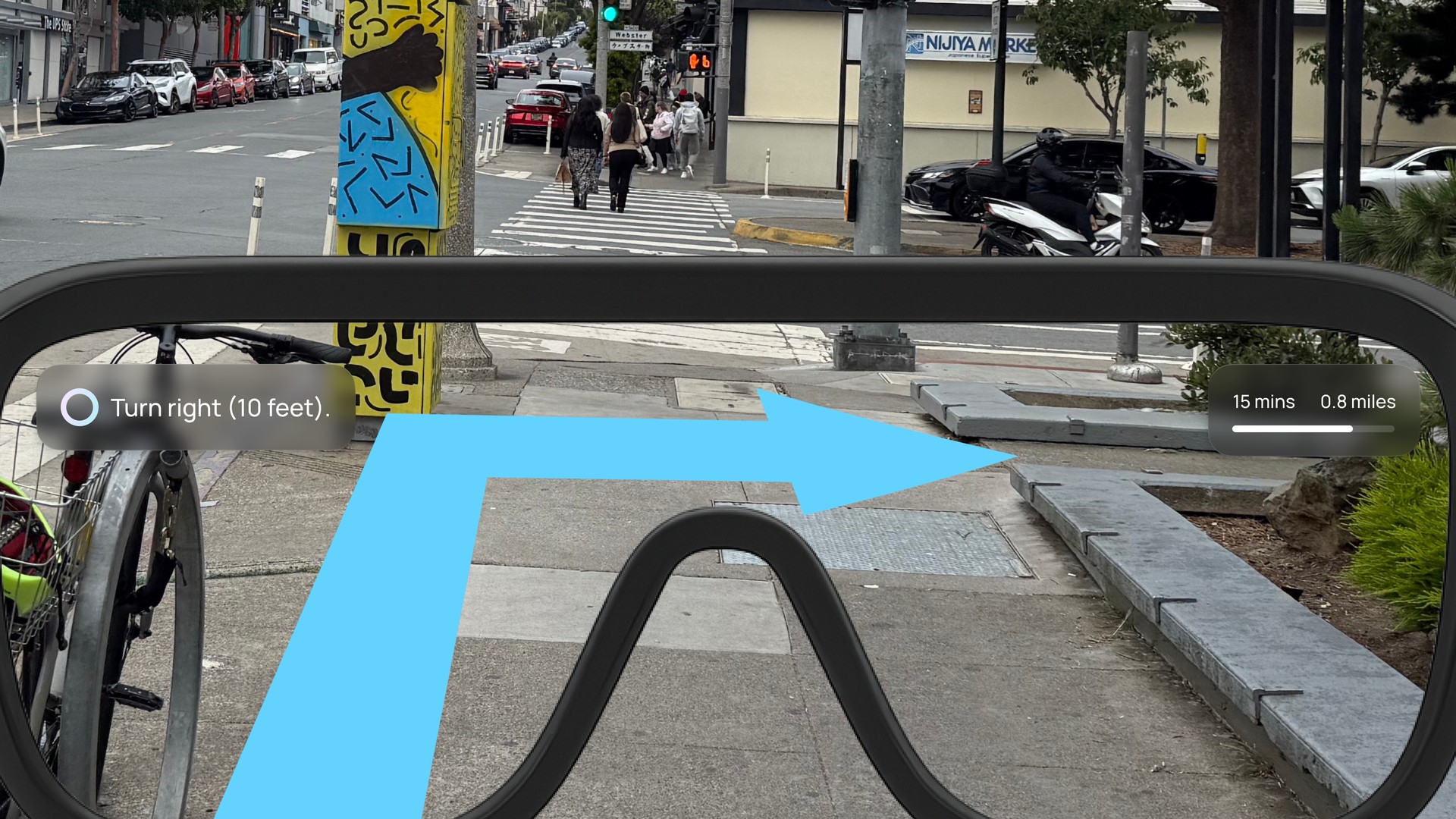 NOVA AR view — Turn right (10 feet) with blue path arrow