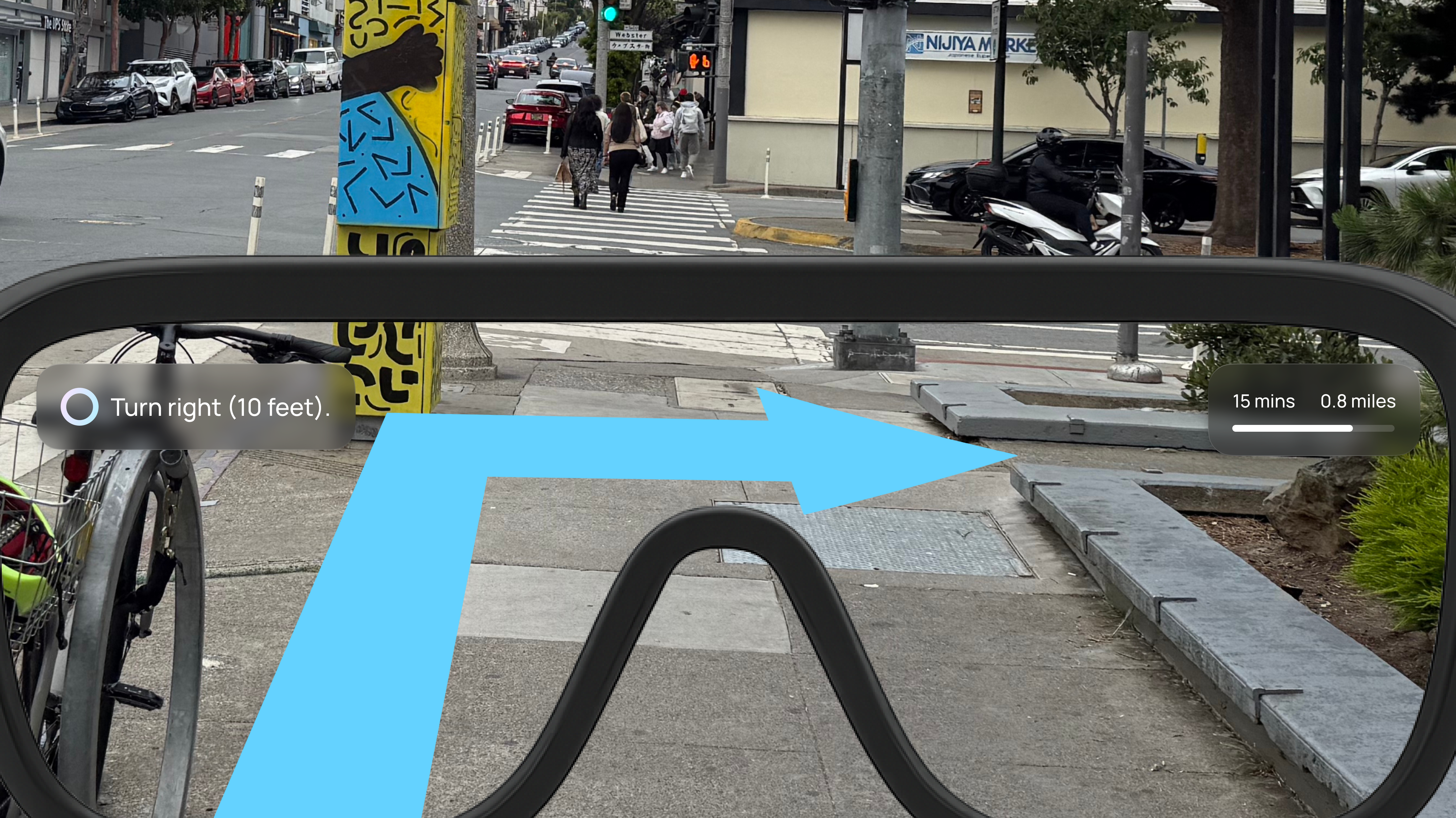NOVA AR view — Turn right (10 feet) with blue path arrow