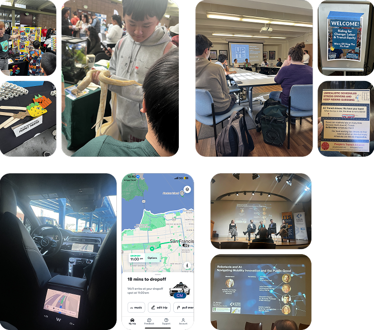 Field research collage — UC Berkeley transit equity events, San Francisco Summer Resource Fair, and co-creation workshops with families
