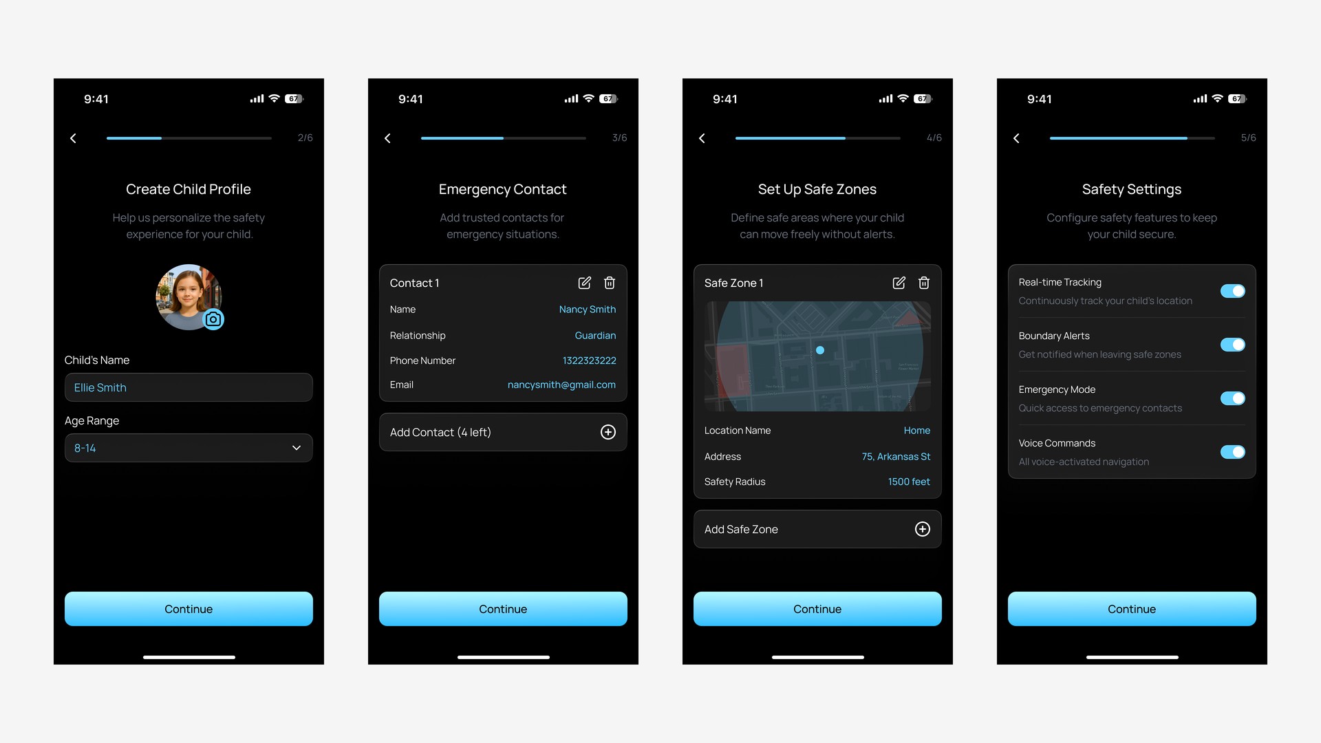 NOVA companion app — child profile, emergency contacts, safe zones, and safety settings