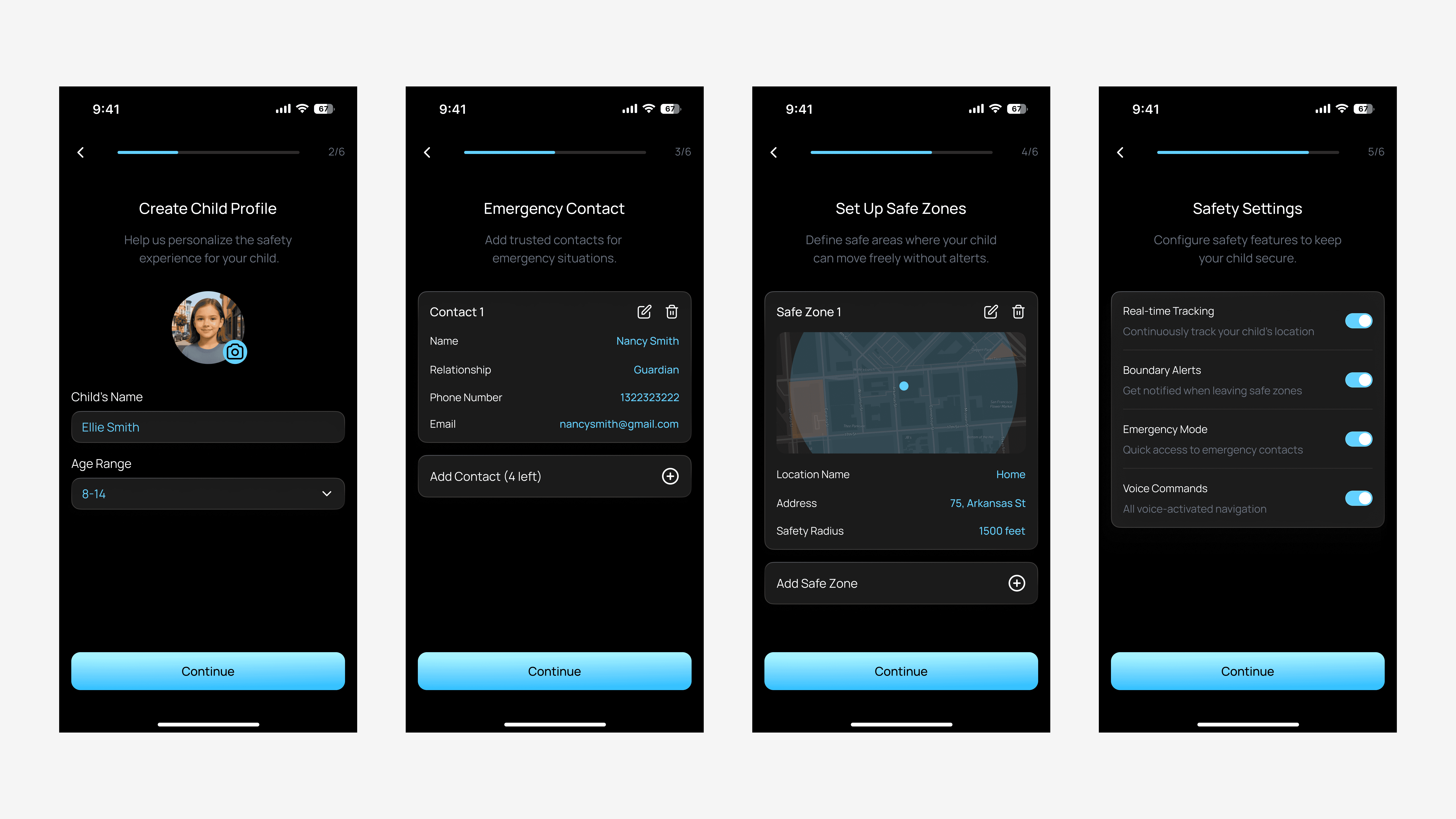 NOVA companion app — child profile, emergency contacts, safe zones, and safety settings