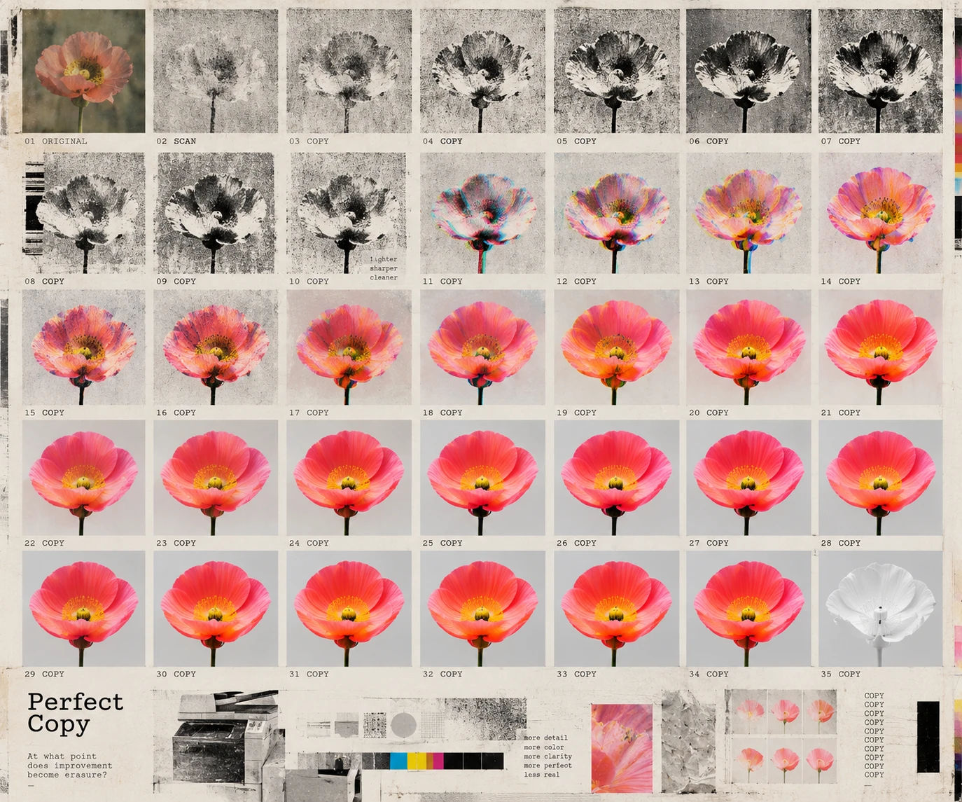 Perfect Copy, a contact sheet of 35 photocopies of one poppy, from a grainy black and white scan to a flawless pink flower and, at the last copy, a white one drained of color